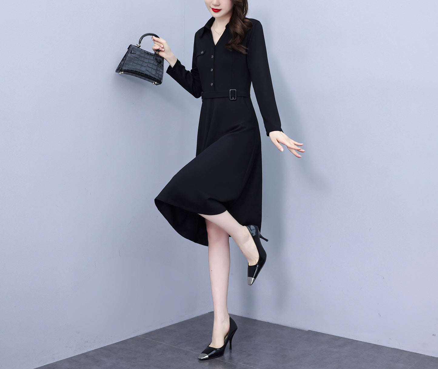 Women's V-Neck with Pockets Long Sleeve Black Dress