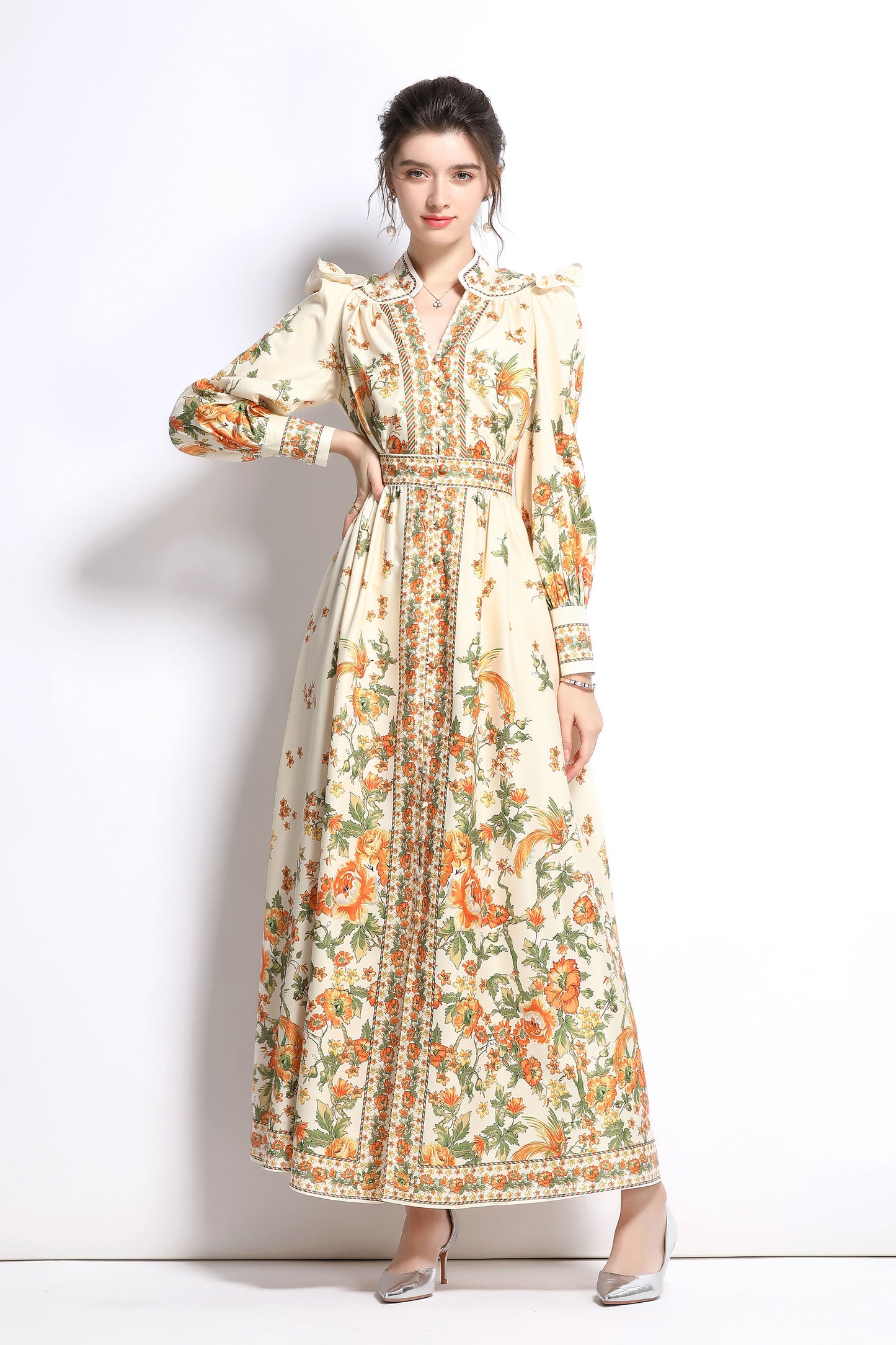 Women's Vintage Floral Print V Neck Button Front Maxi Dress - LAI MENG FIVE CATS