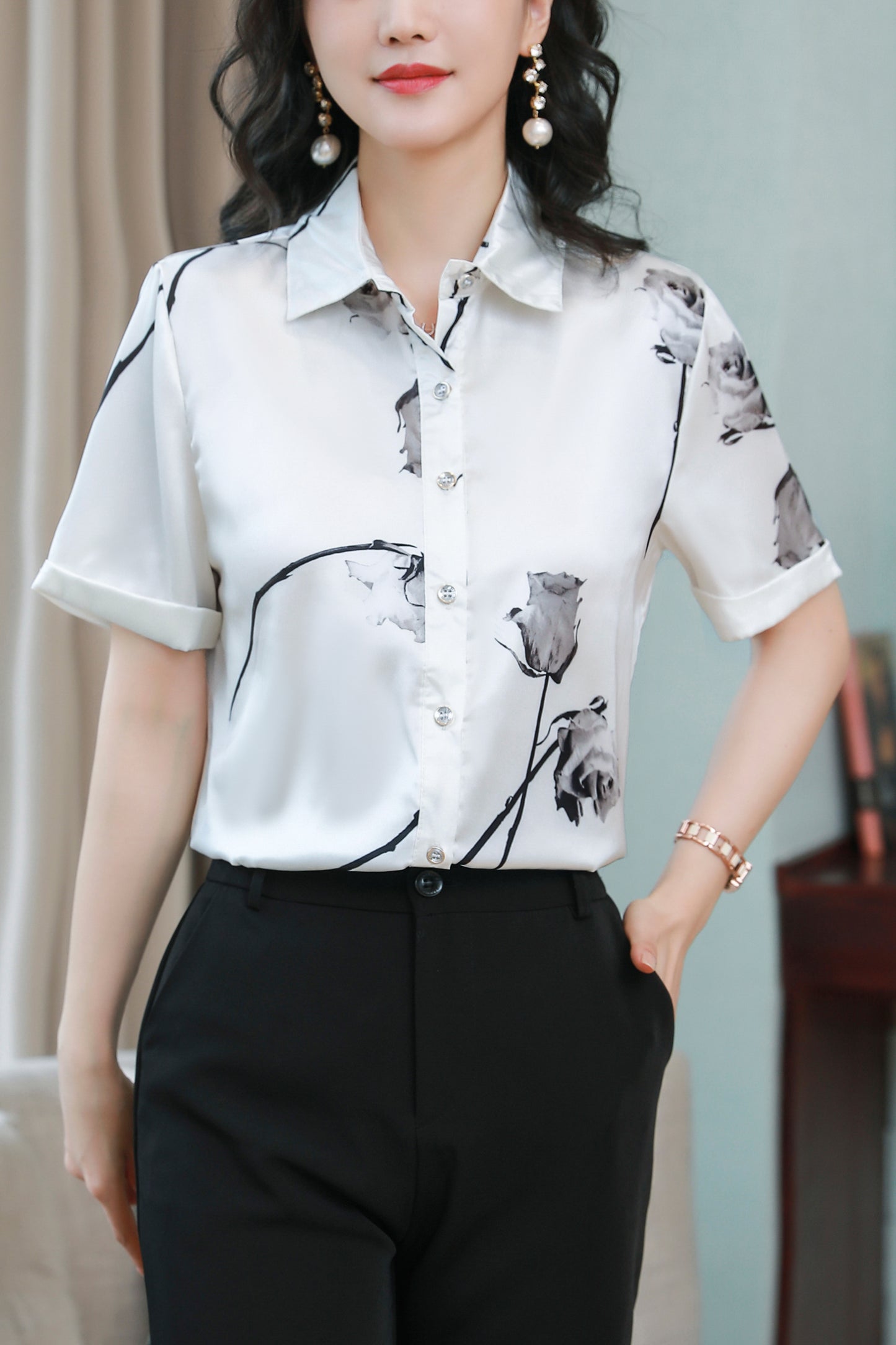 Women's Stain Floral Print Blouse Short Sleeve Tops