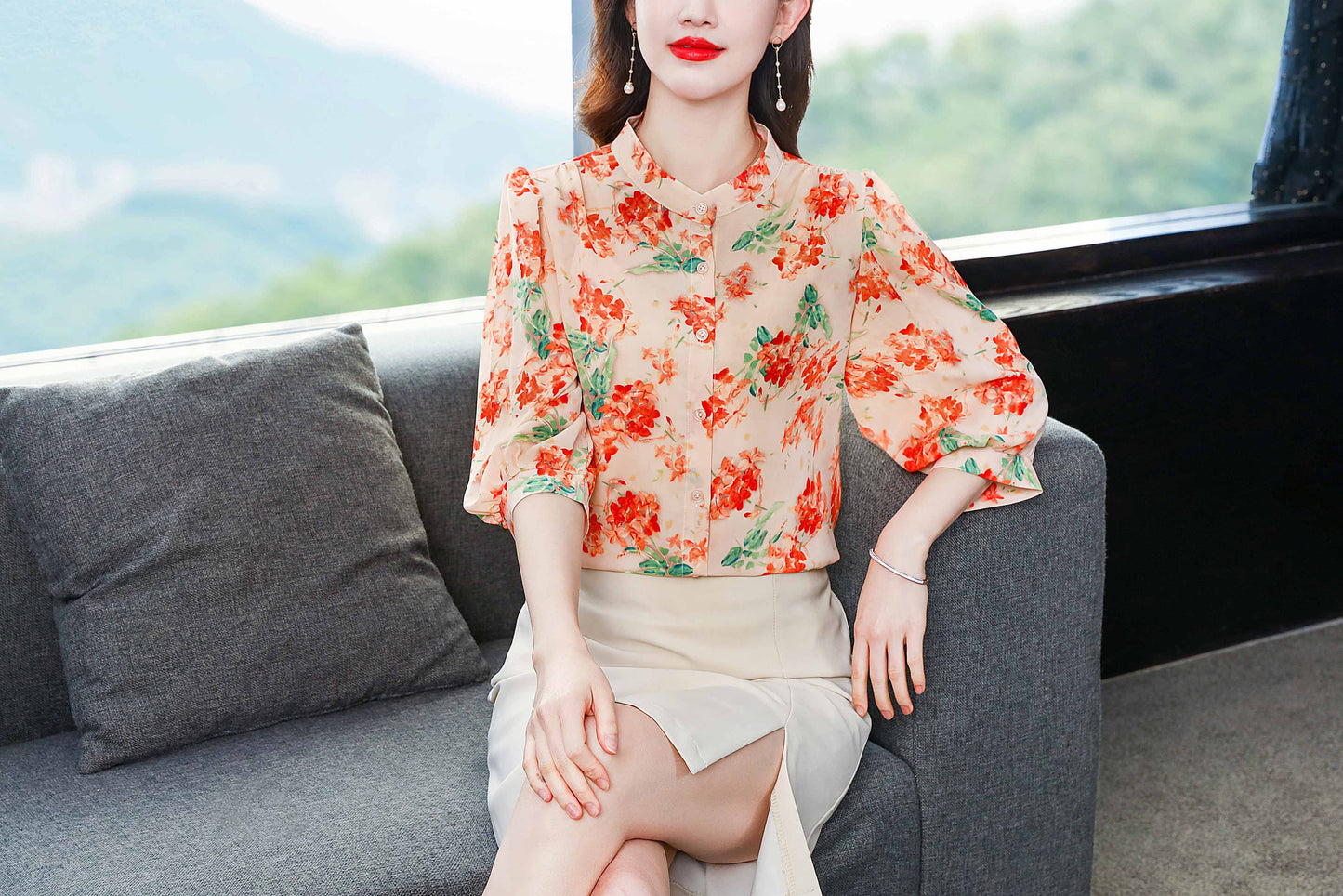 Silk Blouse Satin Lantern Sleeve Button up Casual Print Loose Tops Shirt - LAI MENG FIVE CATS