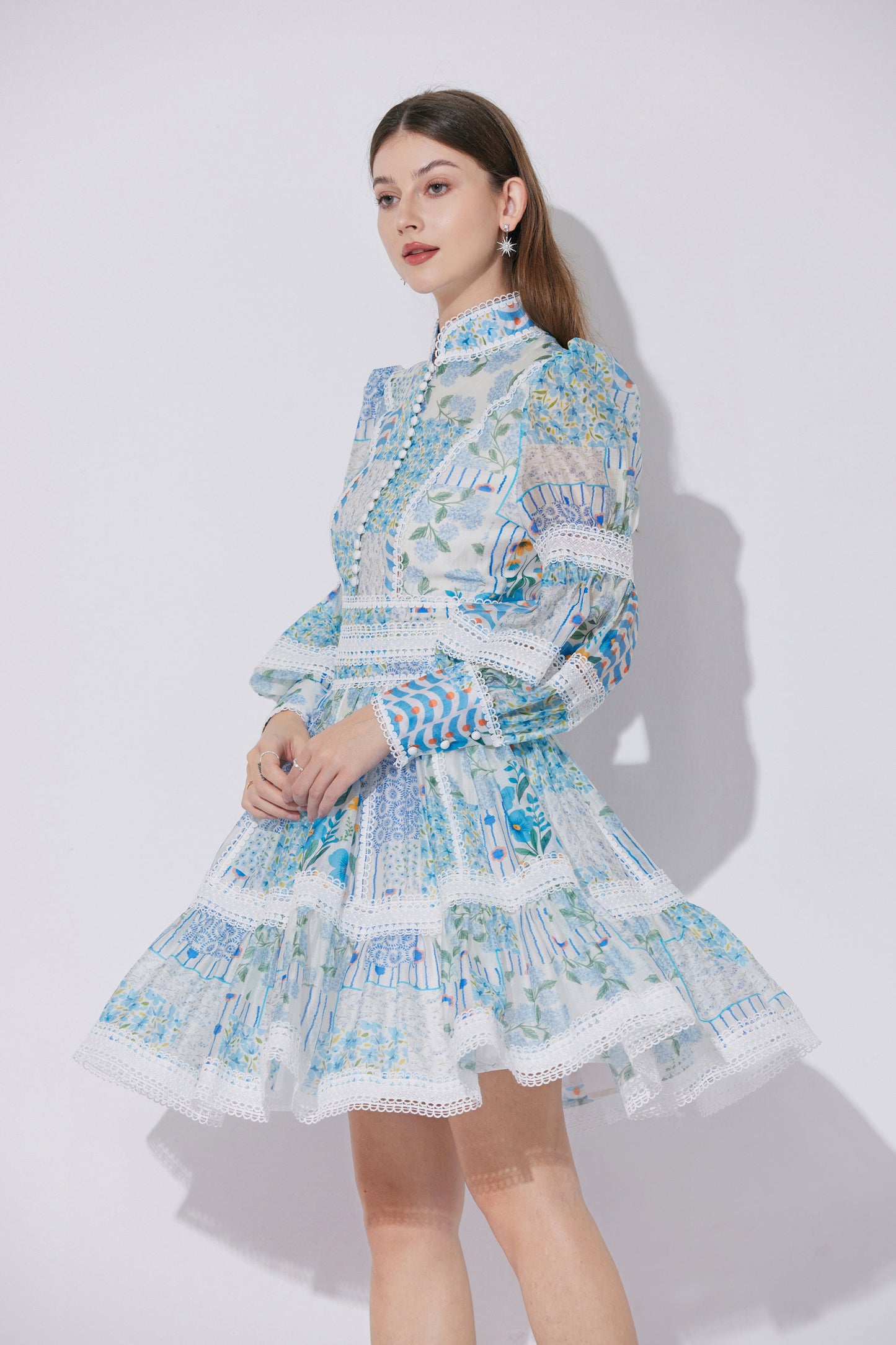Women's Puff Sleeves Hollow Mesh Mini Dress
