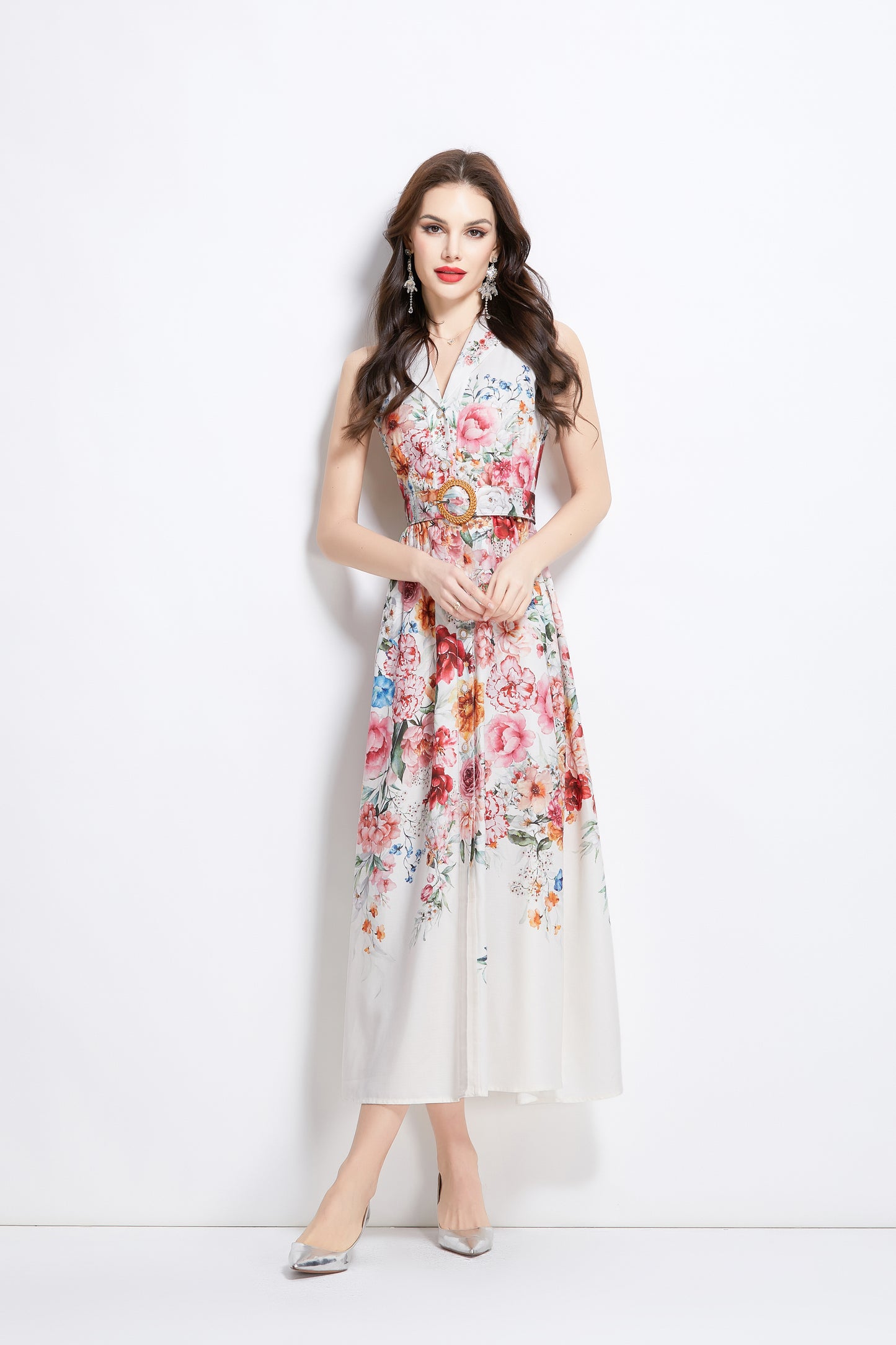 Women's Floral Print Sleeveless V Neck Maxi Dress