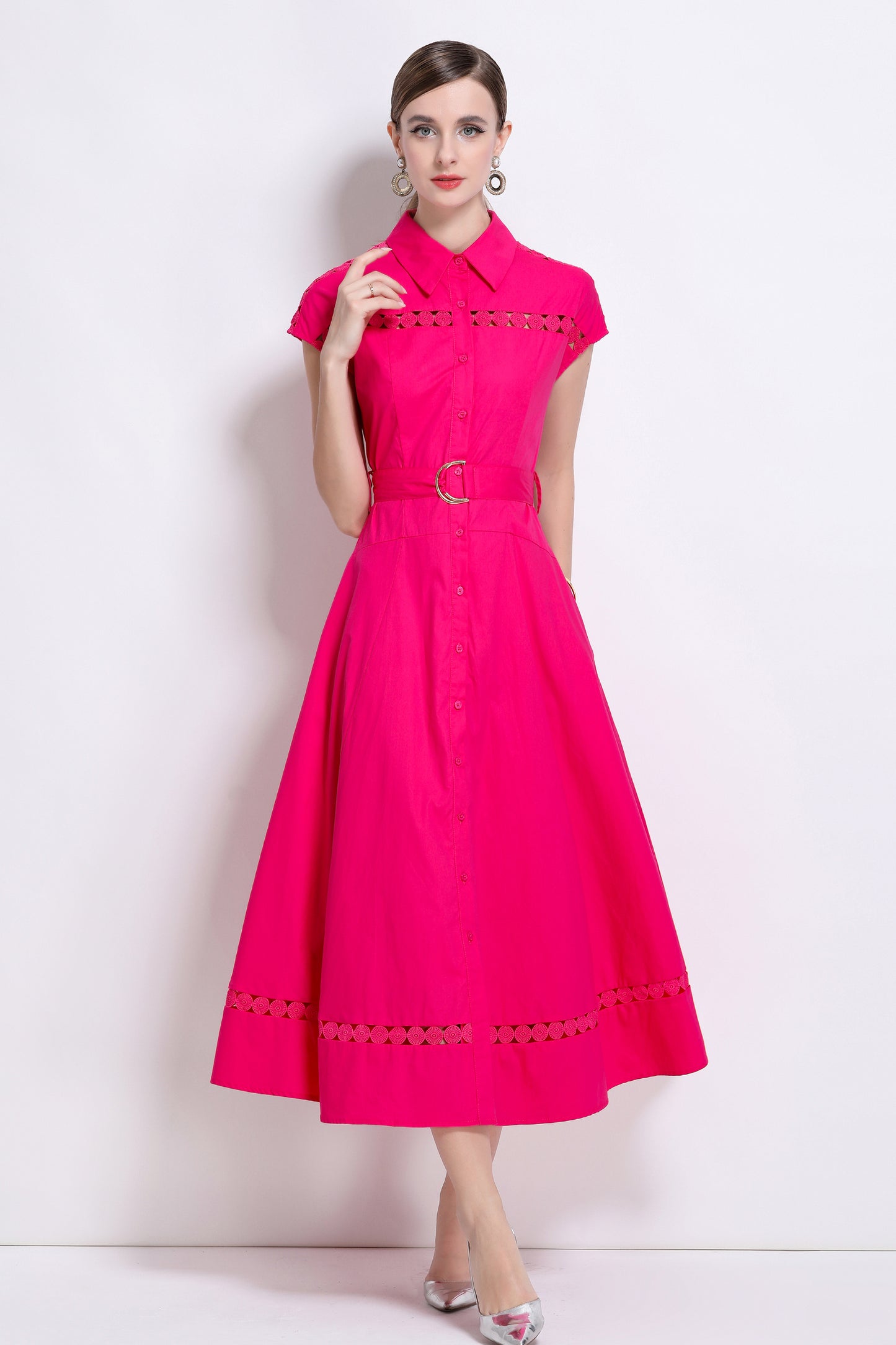 Women's Collar Hollow Cap Sleeve Midi Dress