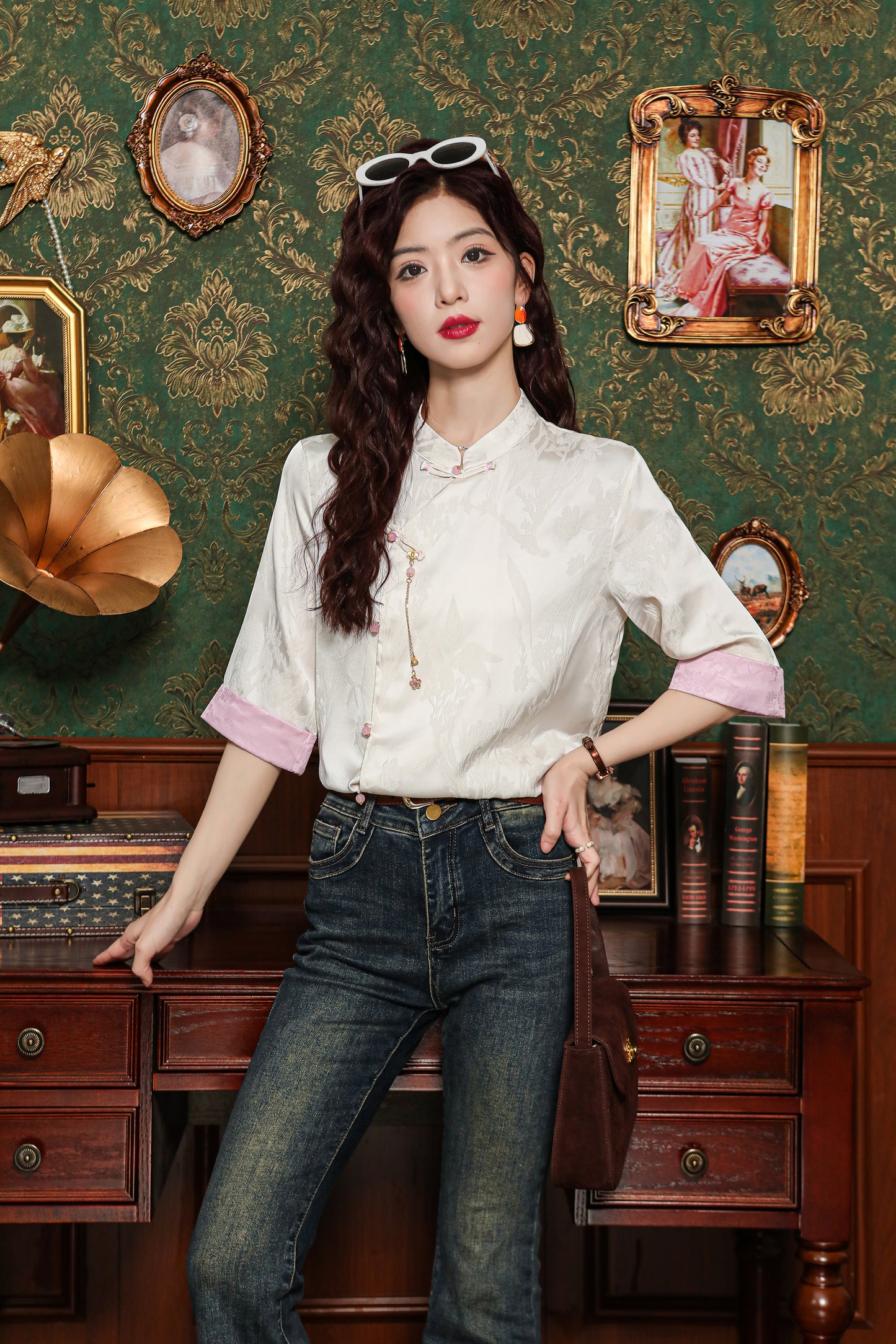 Women's Silk Satin Tops Button Jacquard Blouse