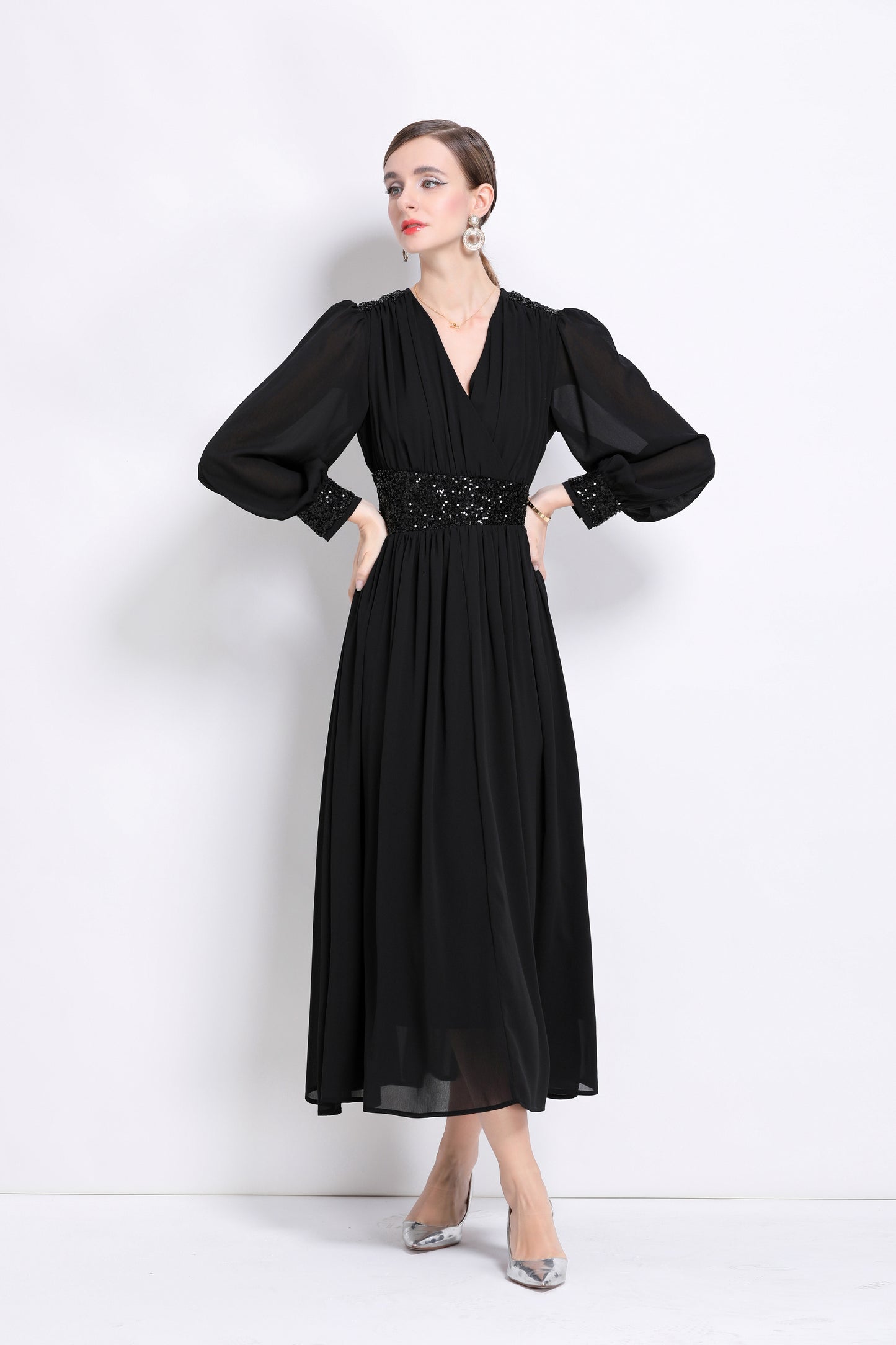 Women's Sequin V-Neck Chiffon Mixi Dresses