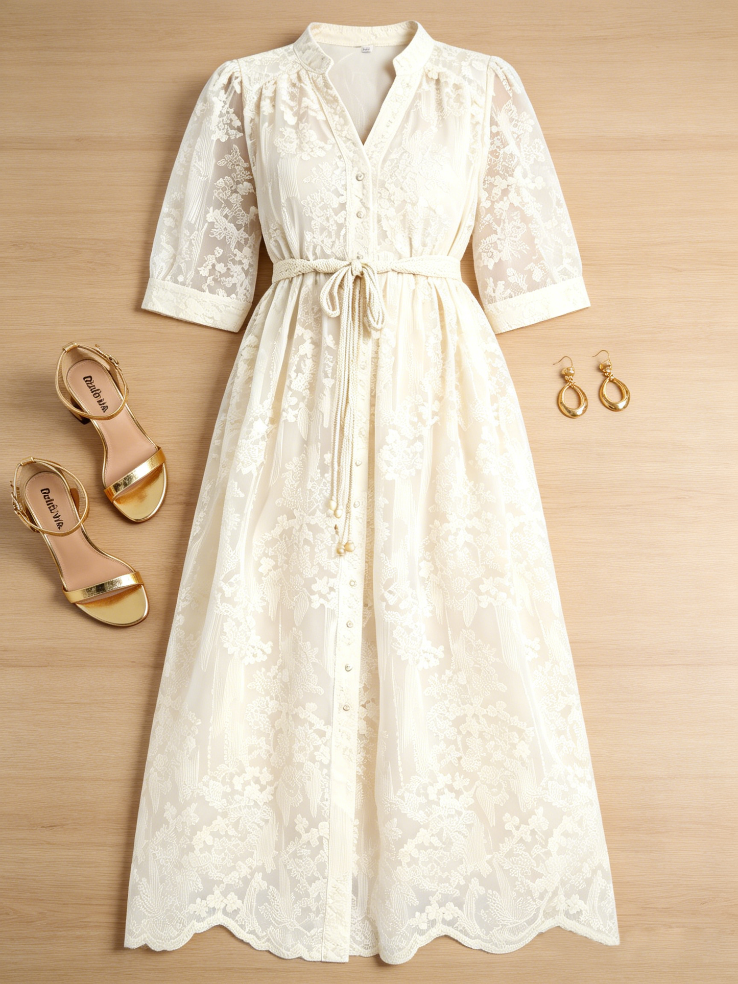 Apricot Embroidered Mesh Elegant Midi Dress - LAI MENG FIVE CATS