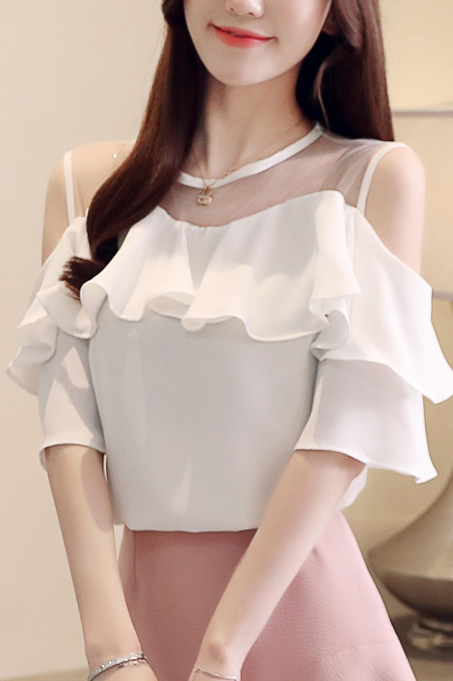 Women's Chiffon Ruffle Off Shoulder Mesh Blouse Top
