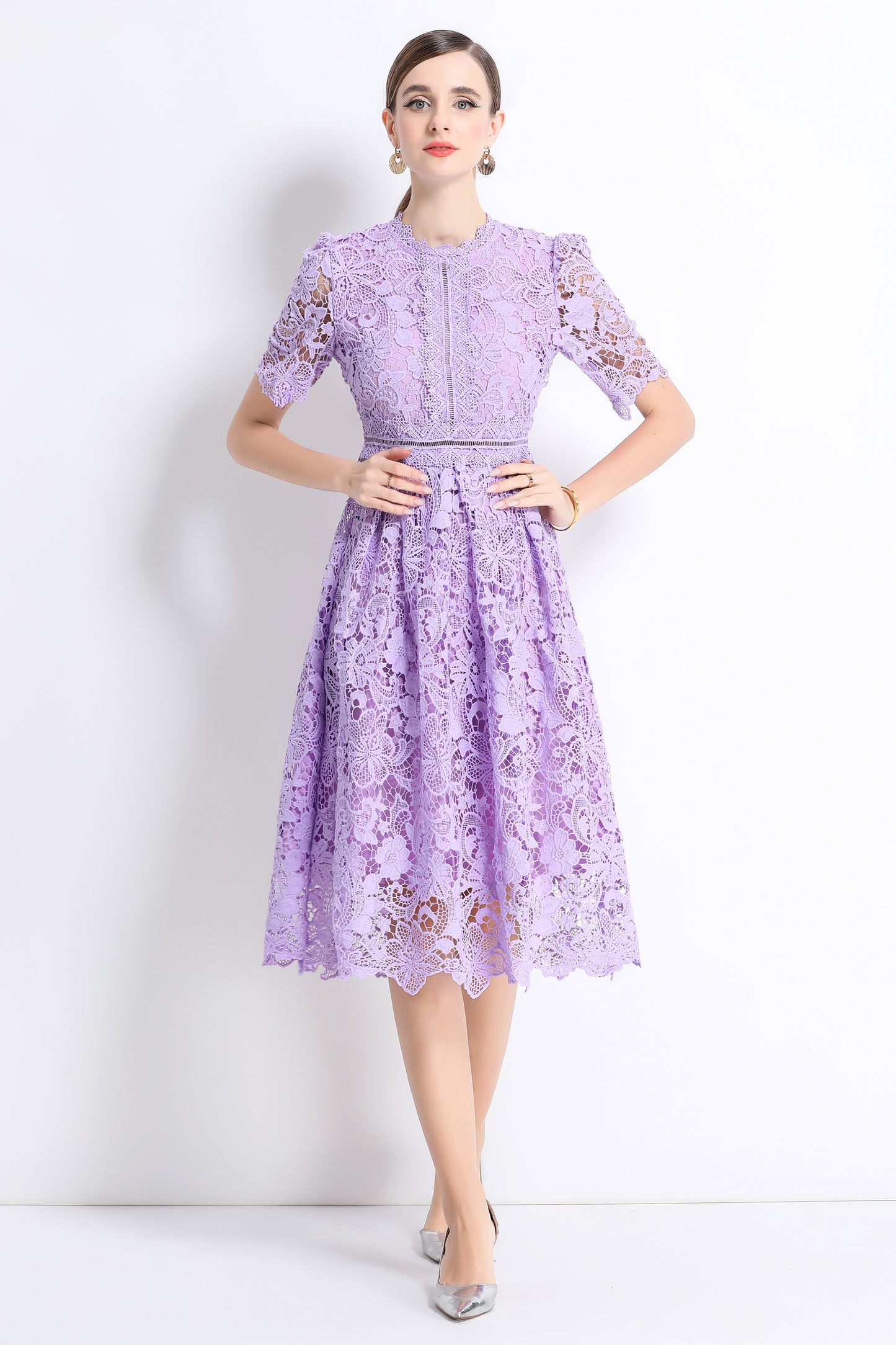 Women's Lace Floral Crochet Waist Midi Dress