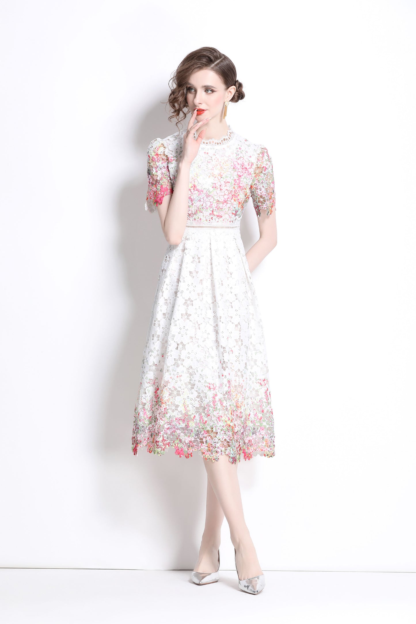 Women's Lace Floral Short Sleeve Crochet Waist Cocktail Midi Dress - LAI MENG FIVE CATS