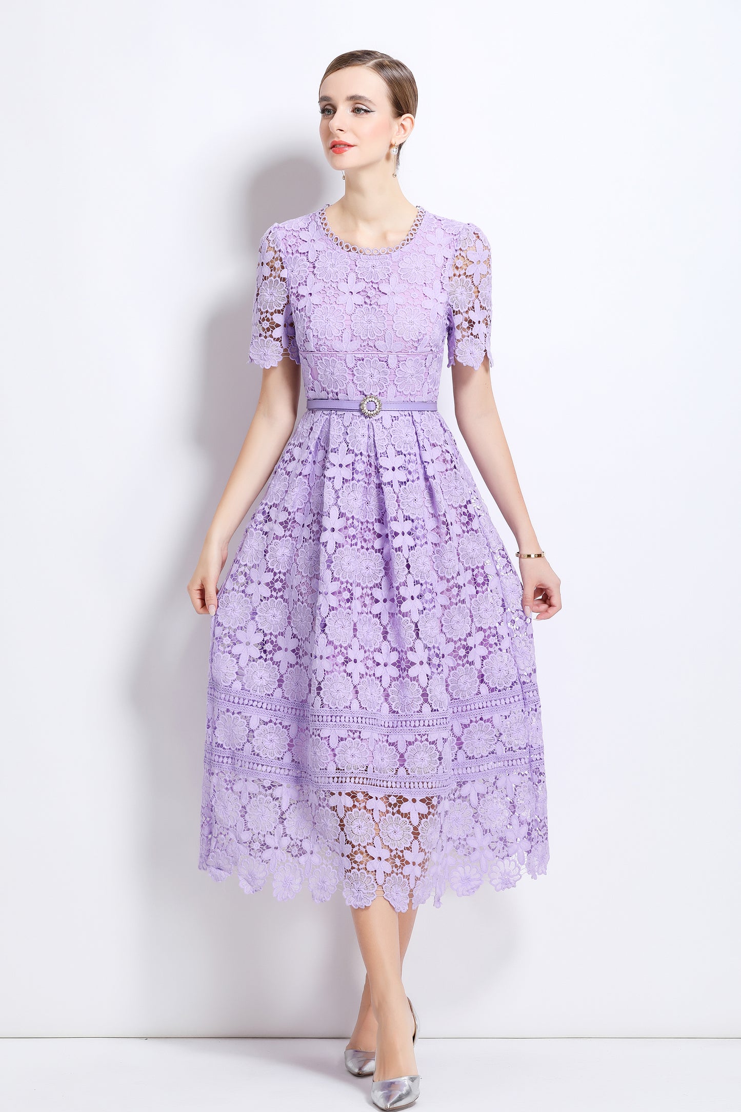 Women's Lace Floral Hollow Short Sleeve Midi Dress