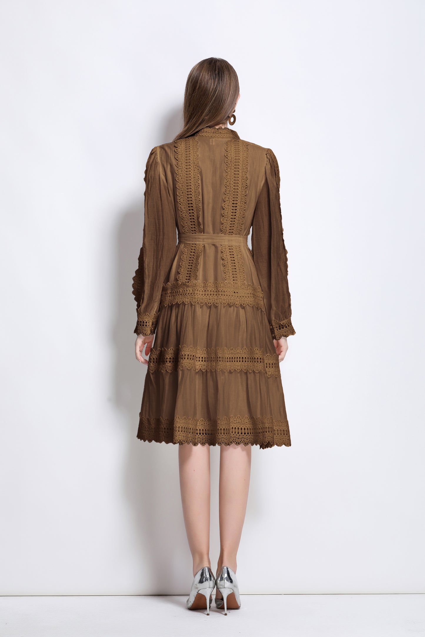 Women's Hollow Lace Lantern Sleeves Midi Dress