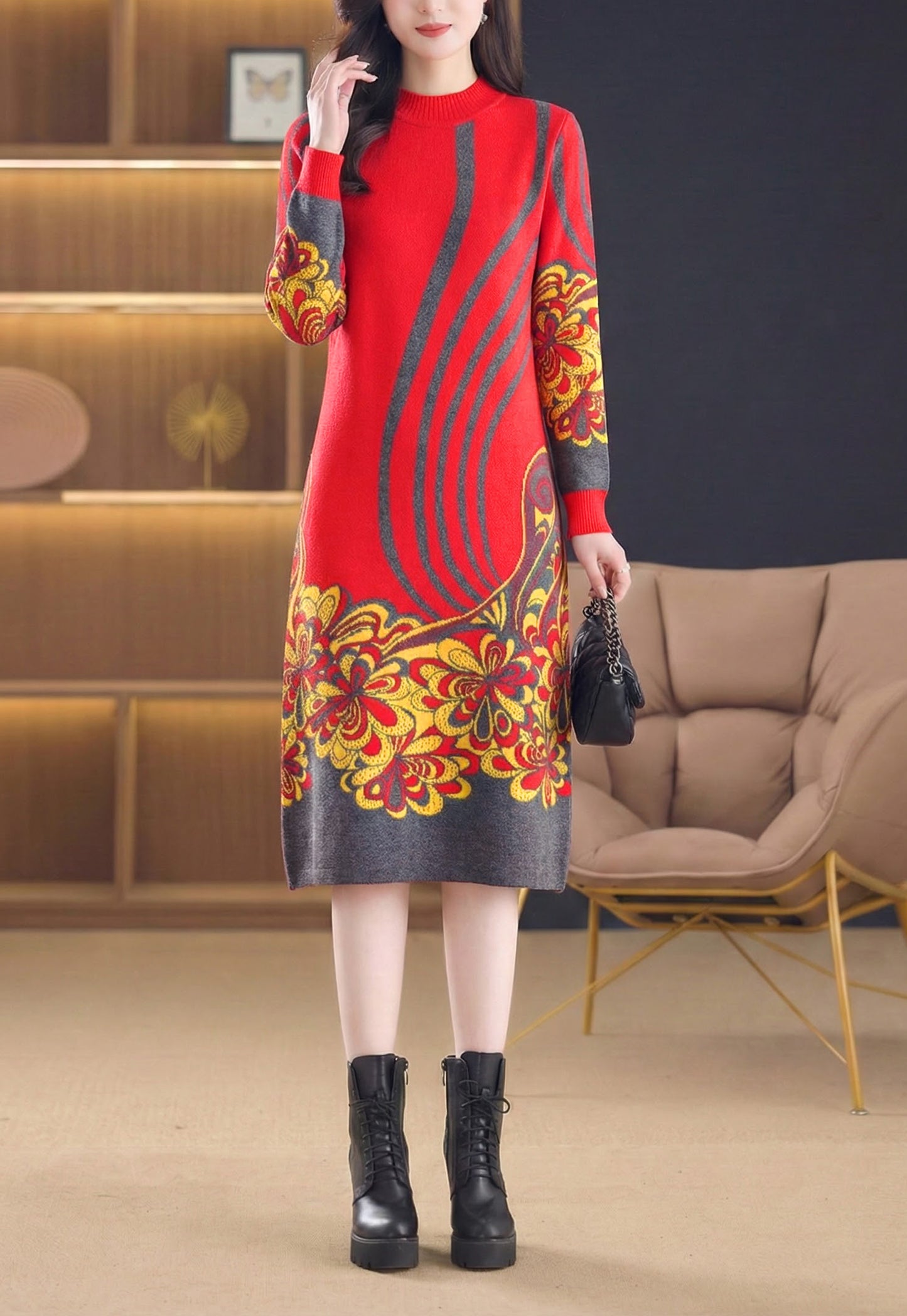 Women's Long Sleeve Knit Stretch Sweater Midi Dress