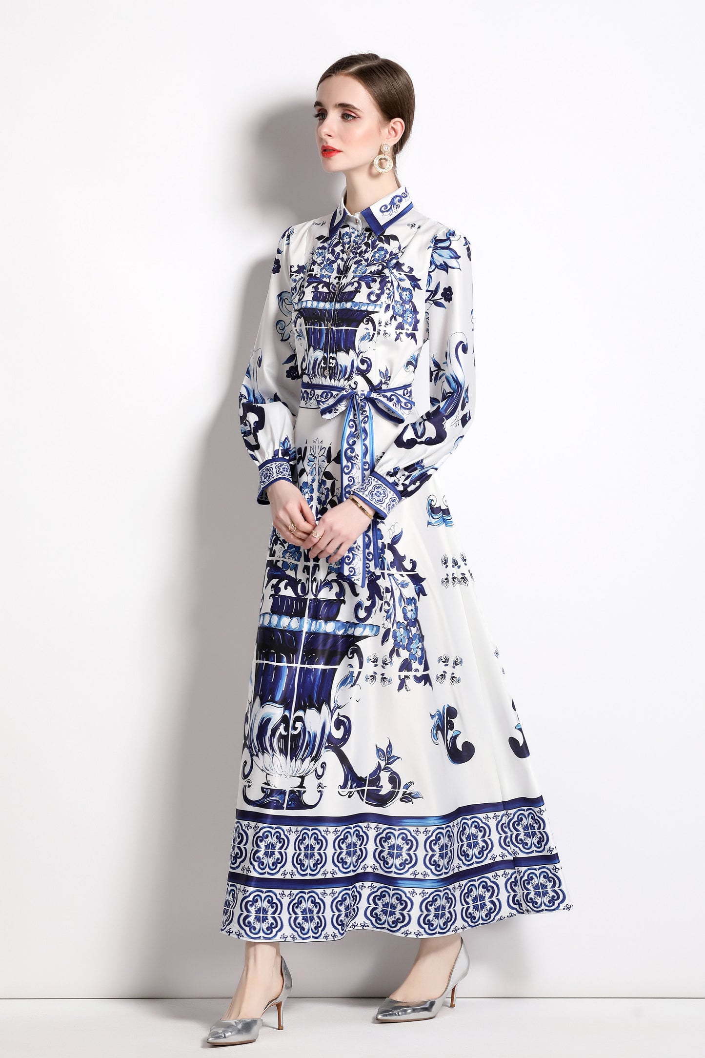 Women Vintage Trumpet Sleeves Casual A-Line Maxi Dress