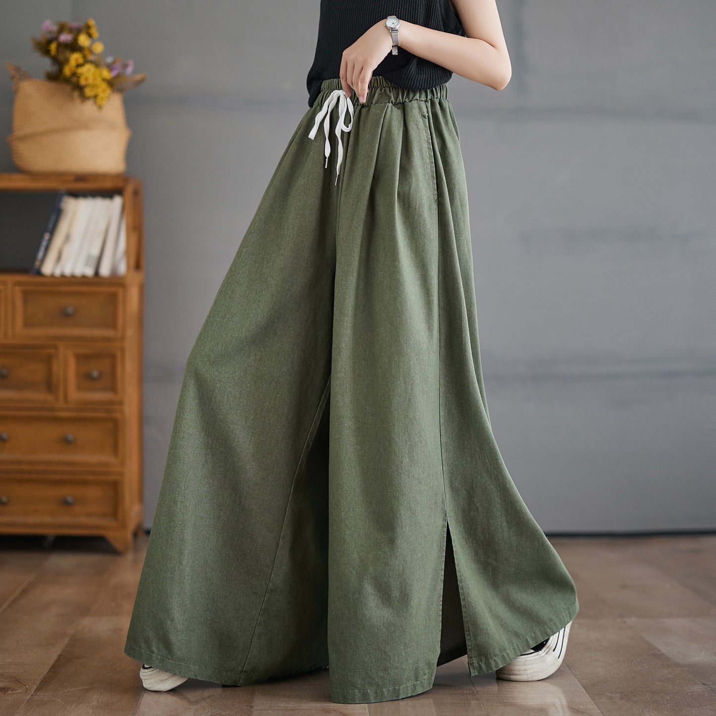 Women's Waisted Drawstring Side Slit Wide Leg Pants