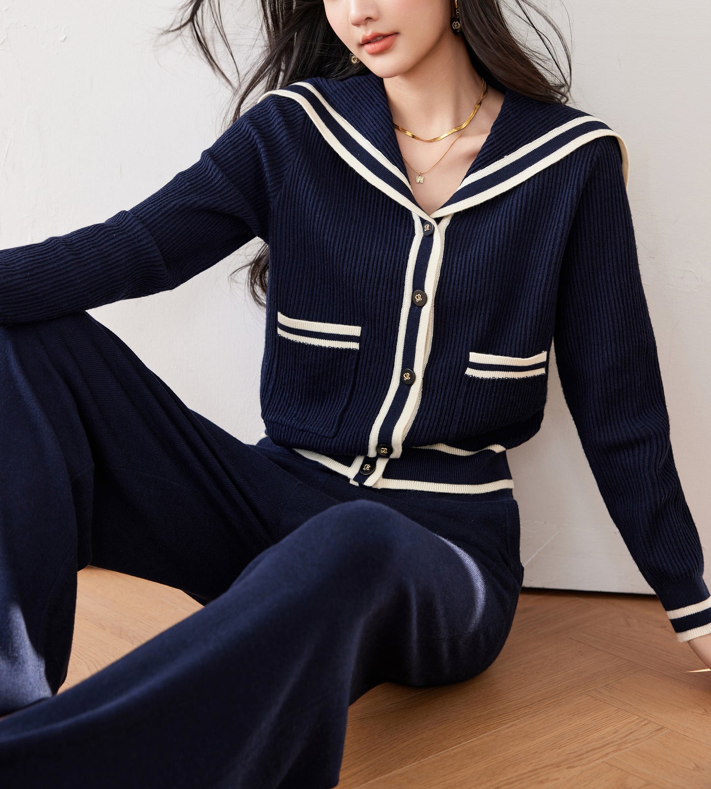 Women's Sailor Collar V-Neck Stripe Button Knit Top