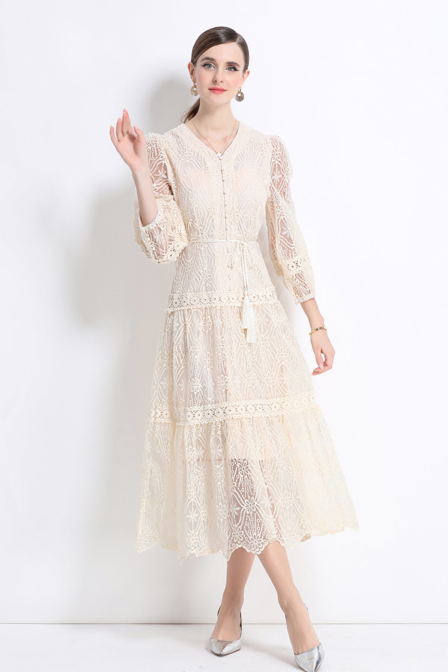 Women's V-Neck Mesh Embroidery Lace Midi Dress