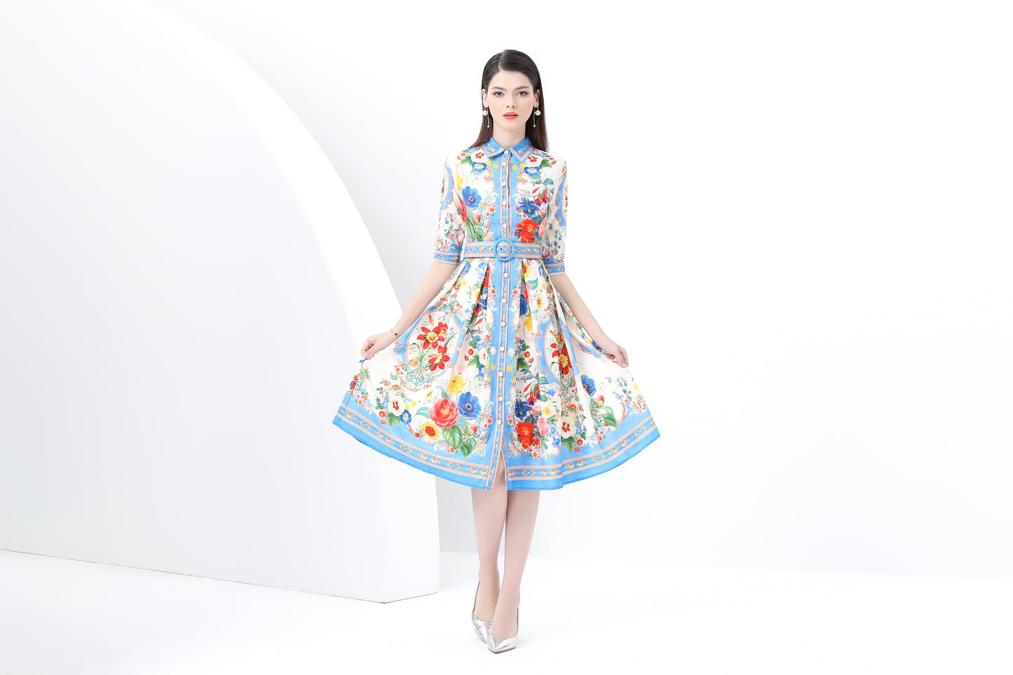 Women's Print Button Collar Short Sleeve Midi Dress