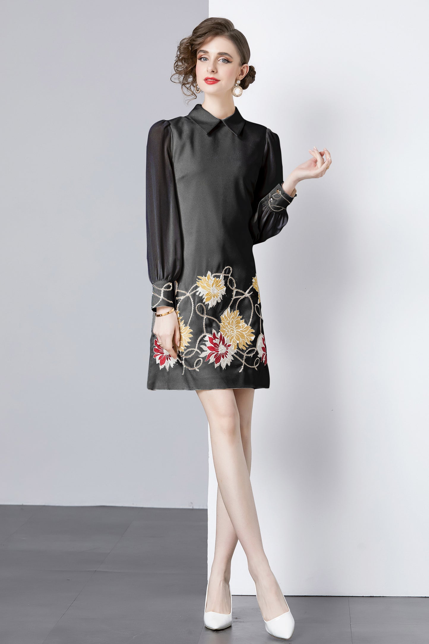 Vintage Women's Elegant Embroidered Hight Neck Mini Dress - LAI MENG FIVE CATS