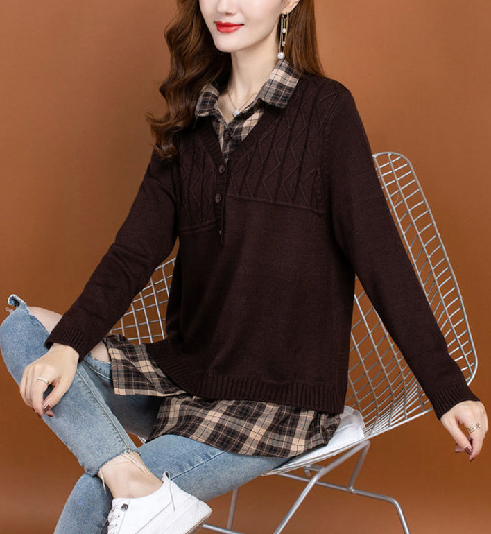 Women's V Neck Plaid Layered Look Knit Pullover Tops
