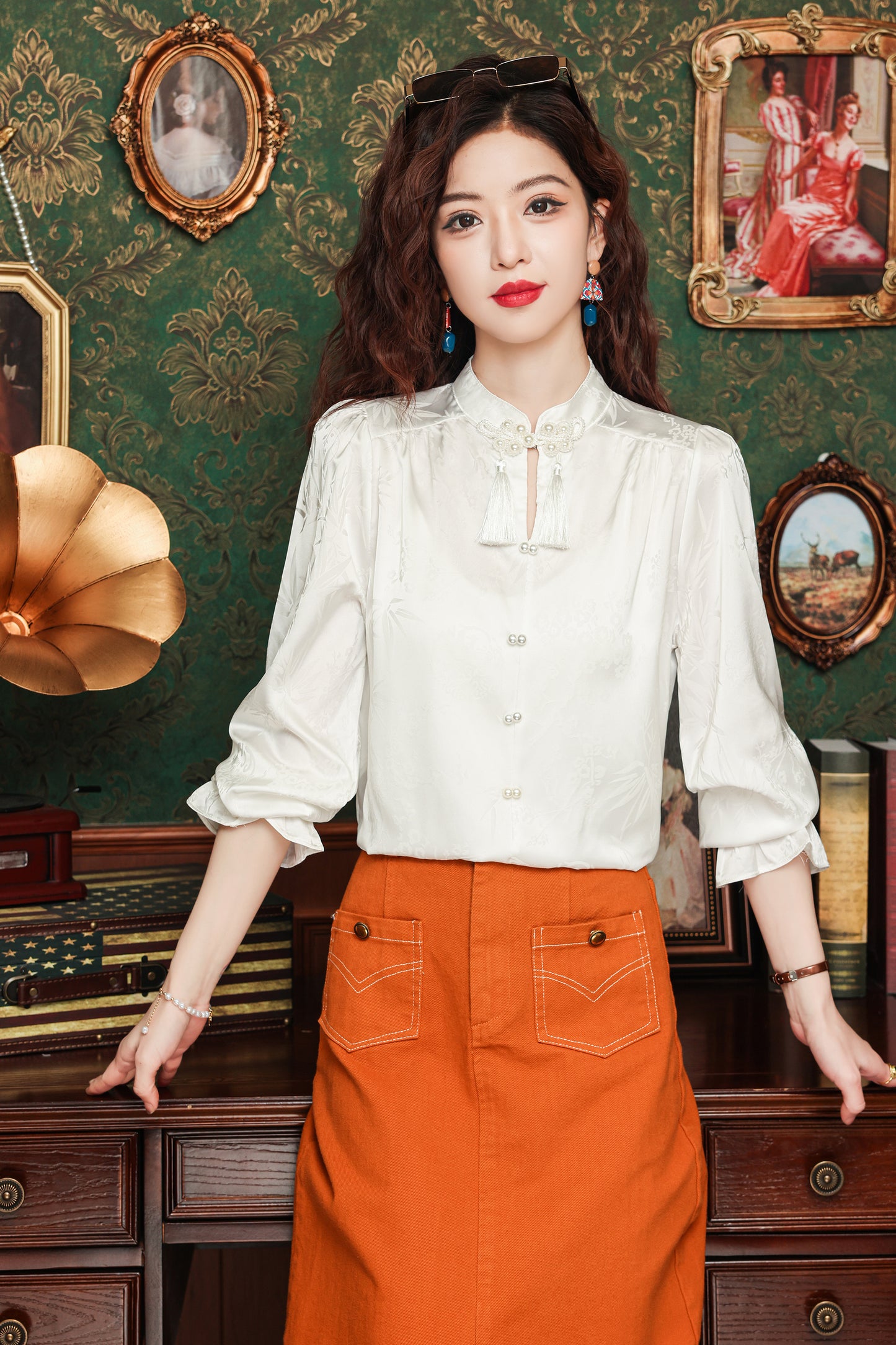 Women's Silk Satin Pearl Jacquard Blouse Top
