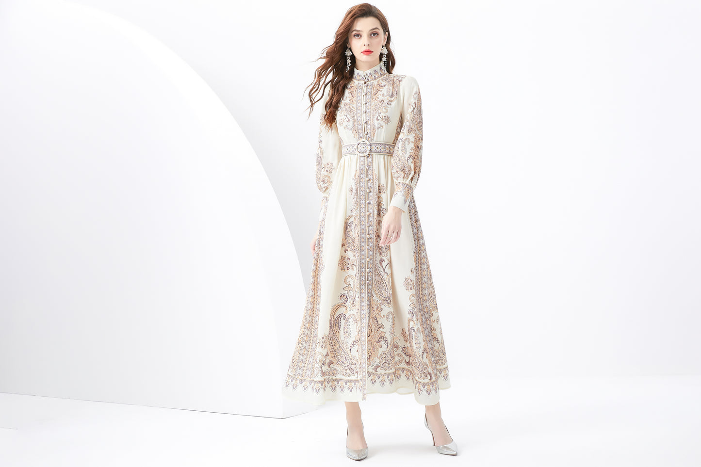 Women Vintage Floral Print Button Up Split Maxi Dress