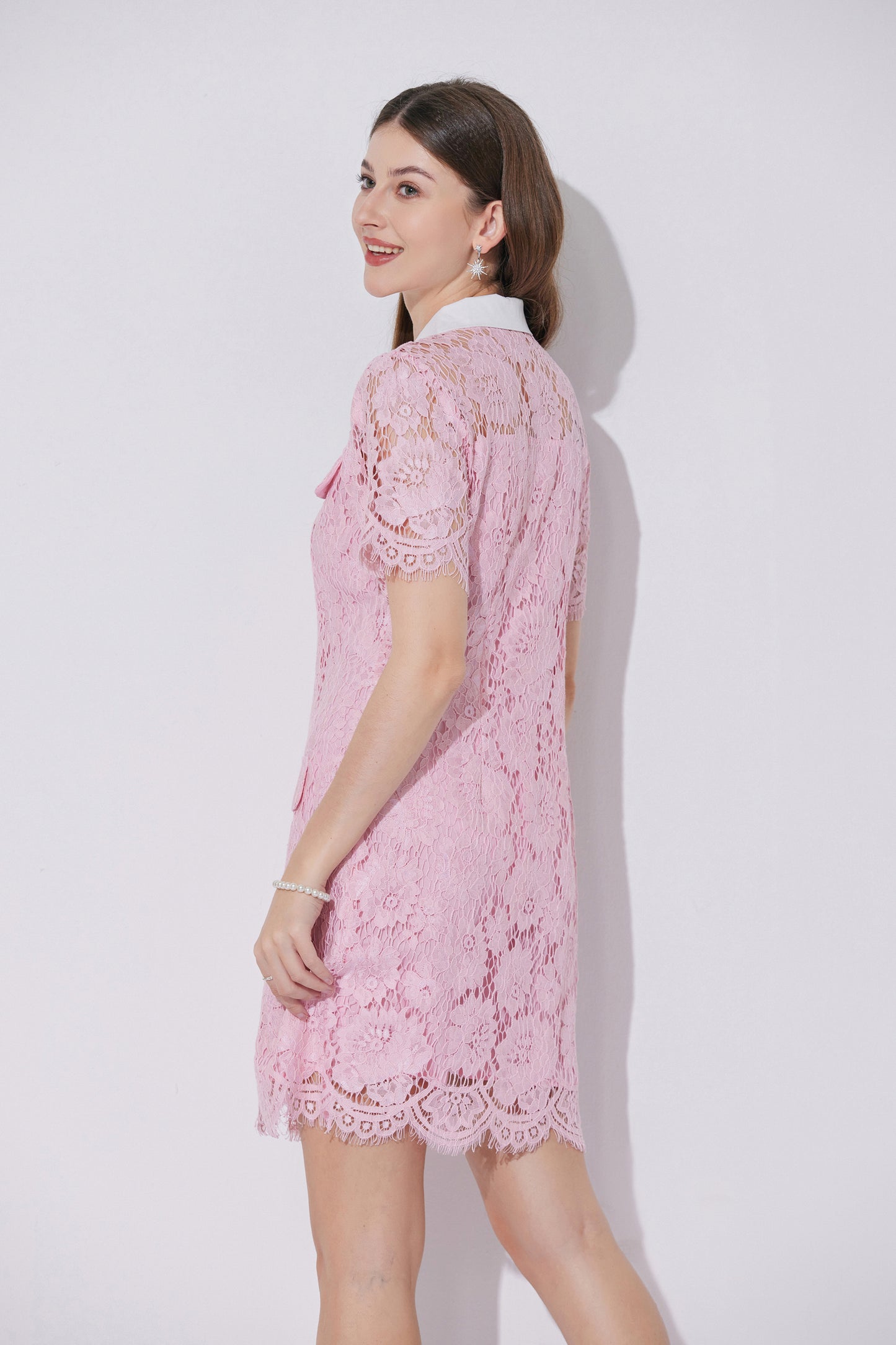 Women's Lace Floral Contrast Collar Mini Dress