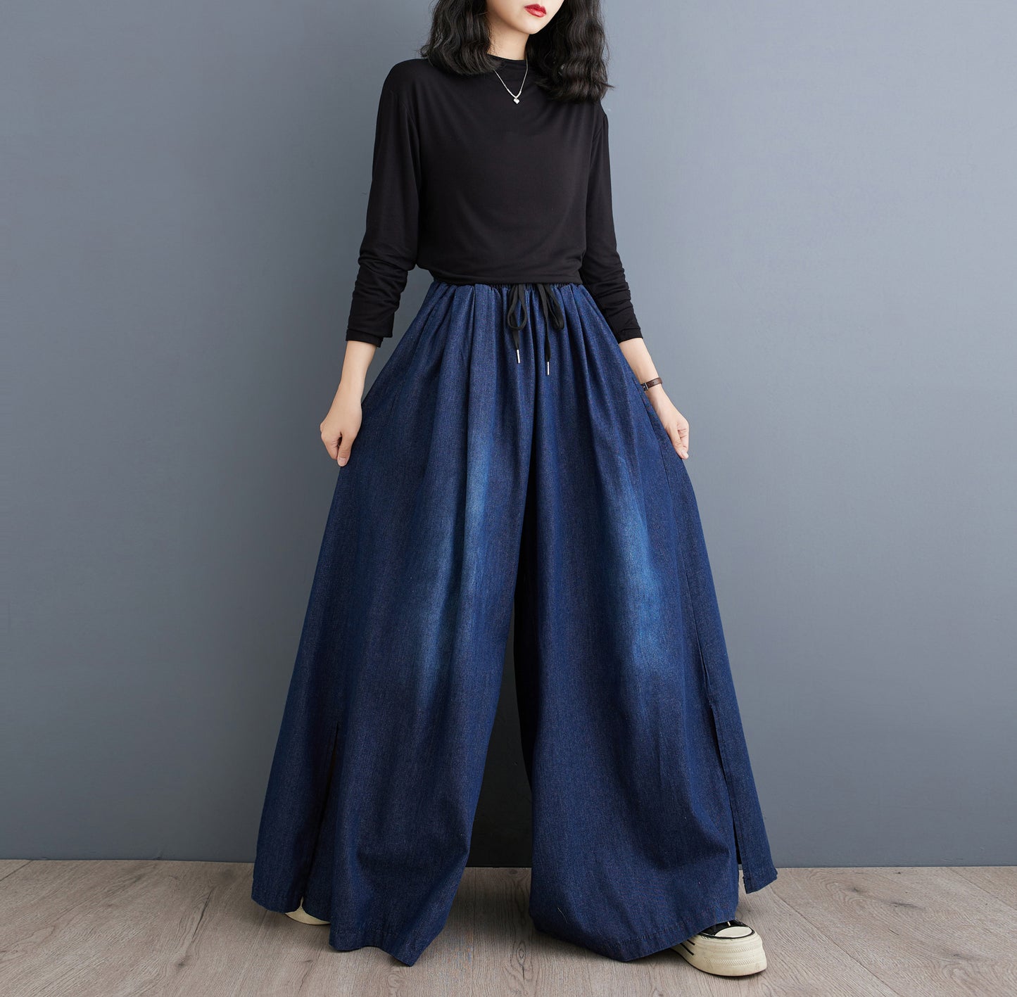 BK-Drawstring Trendy Side Slit Wide Leg Pants