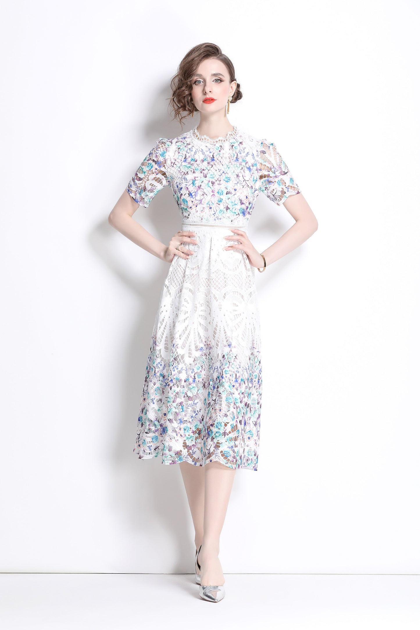 Women's Lace Floral Short Sleeve Crochet Waist Cocktail Midi Dress - LAI MENG FIVE CATS