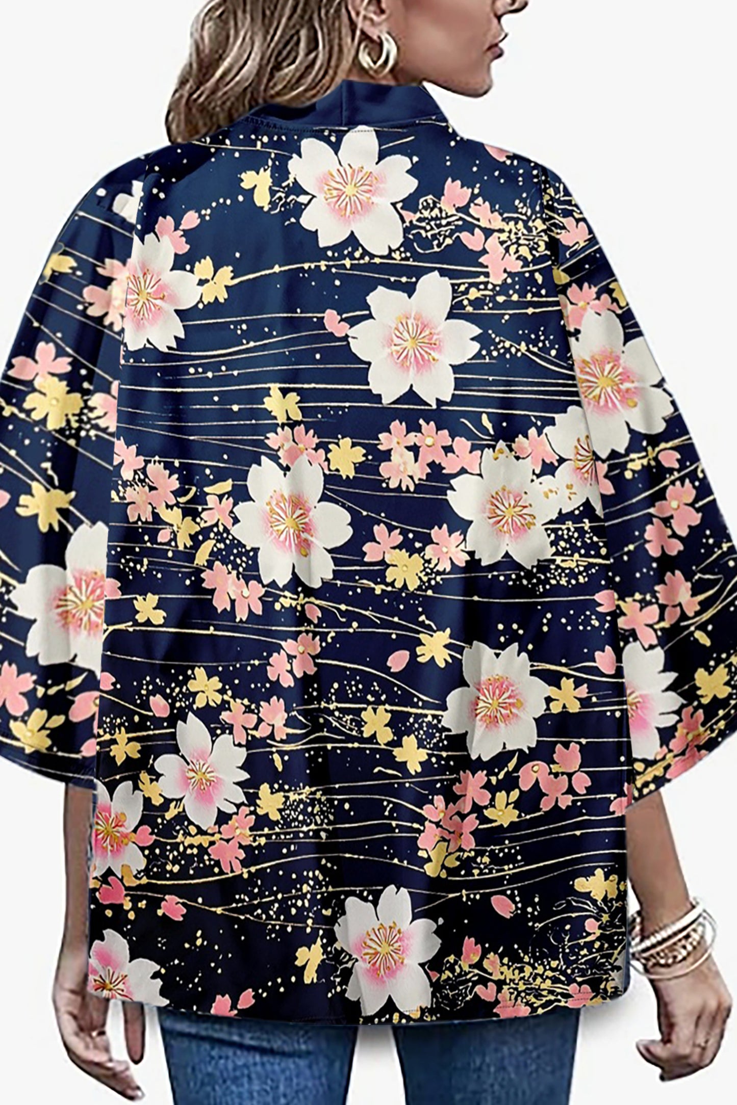 Women's Floral Print Puff Sleeve Japanese Kimono Tops