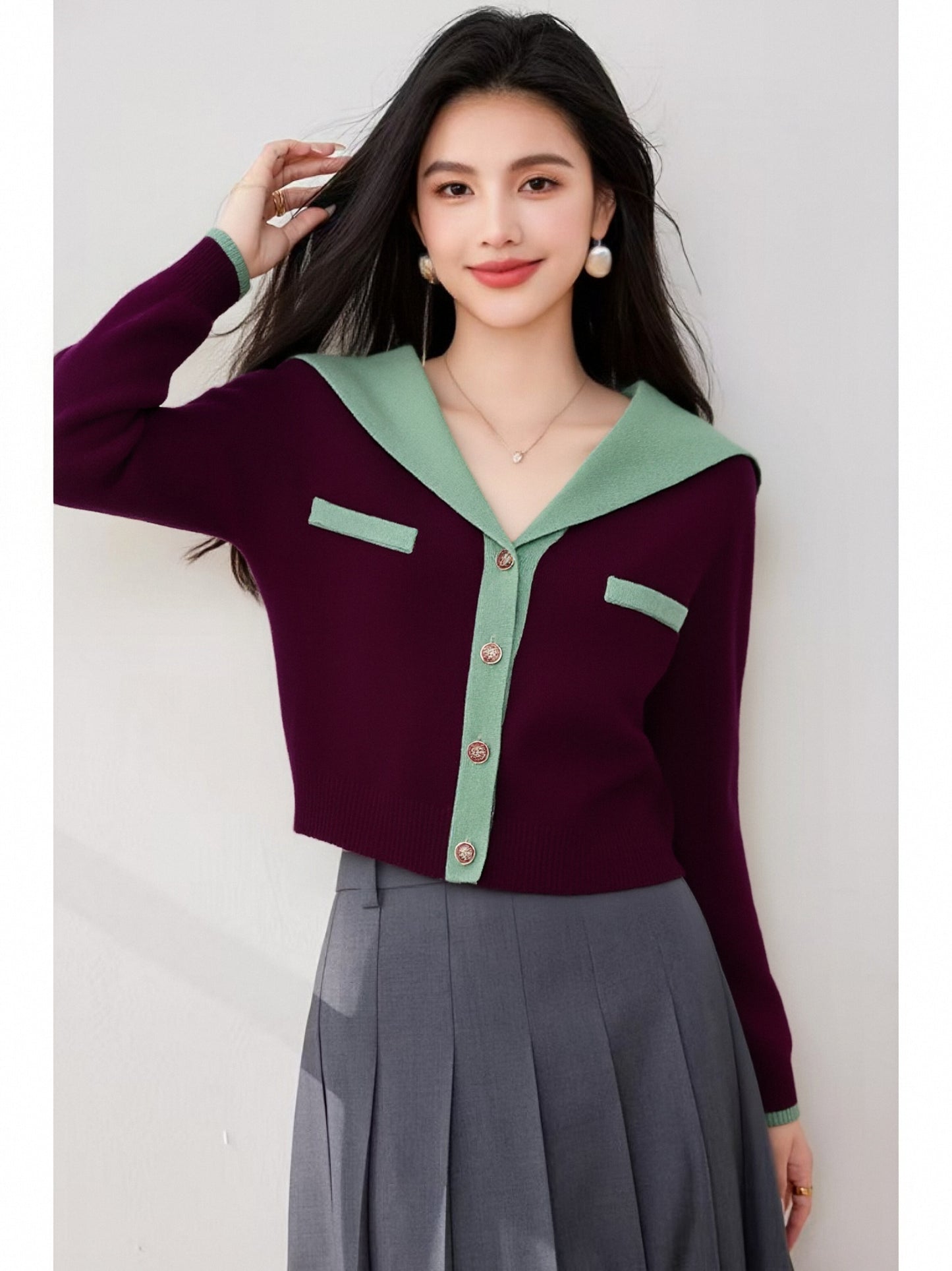Women's Sailor Collar Long Sleeve Stripe Cardigan Sweater