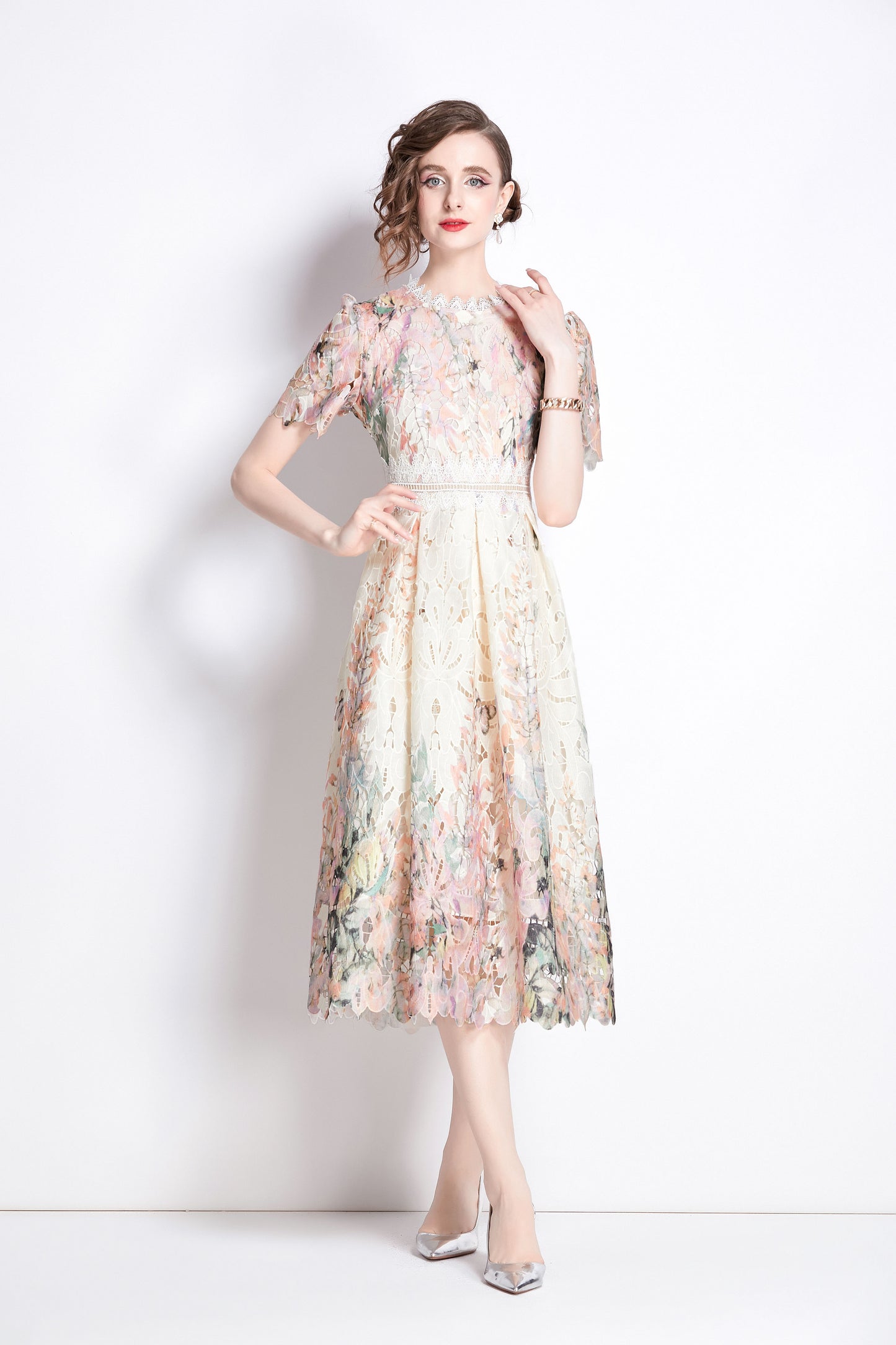 BK-Lace Floral Short Sleeve Crochet Waist Cocktail Midi Dress - LAI MENG FIVE CATS