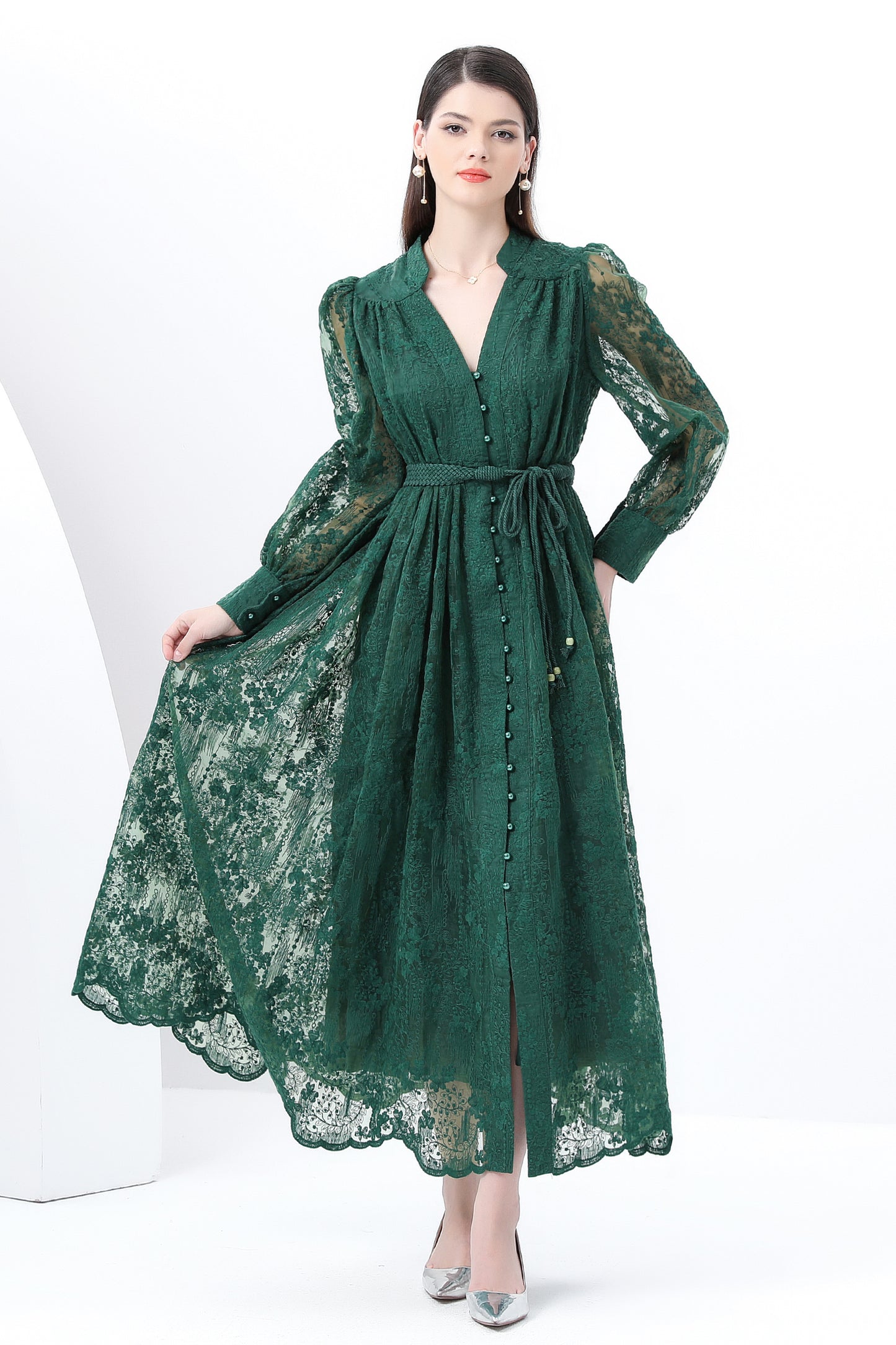 Women's V-Neck Lace Lantern Sleeve Mesh Maxi Dress