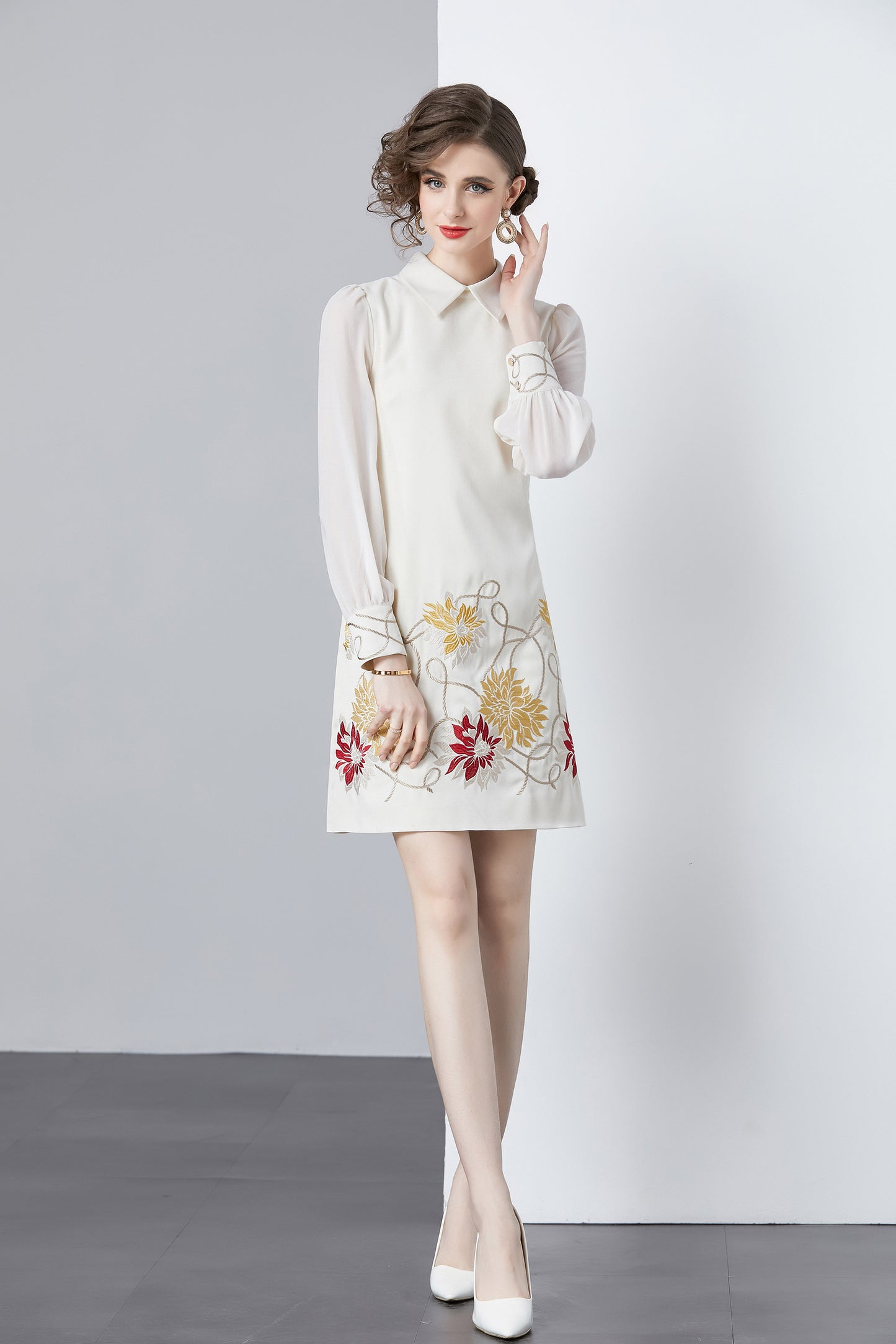Vintage Women's Elegant Embroidered Hight Neck Mini Dress - LAI MENG FIVE CATS