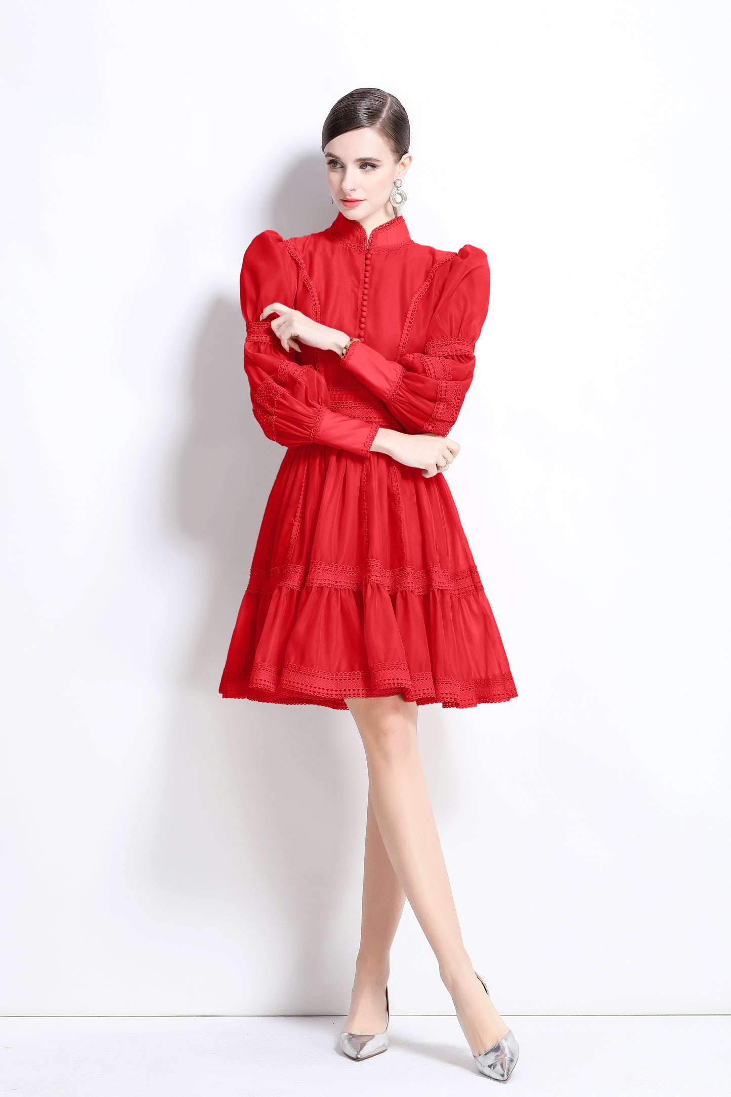 Women's Puff Sleeves Hollow Mesh Pleat Mini Dress