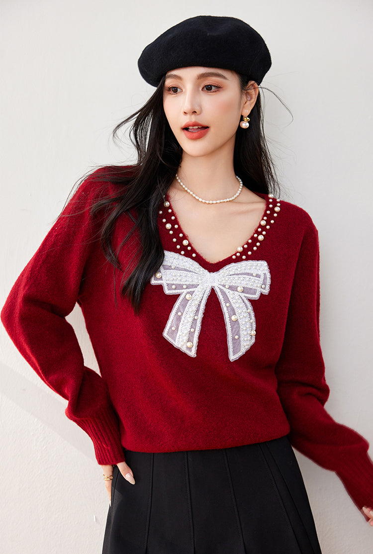 SD-Bow Sparkling Beads Pullover Sweater - LAI MENG FIVE CATS