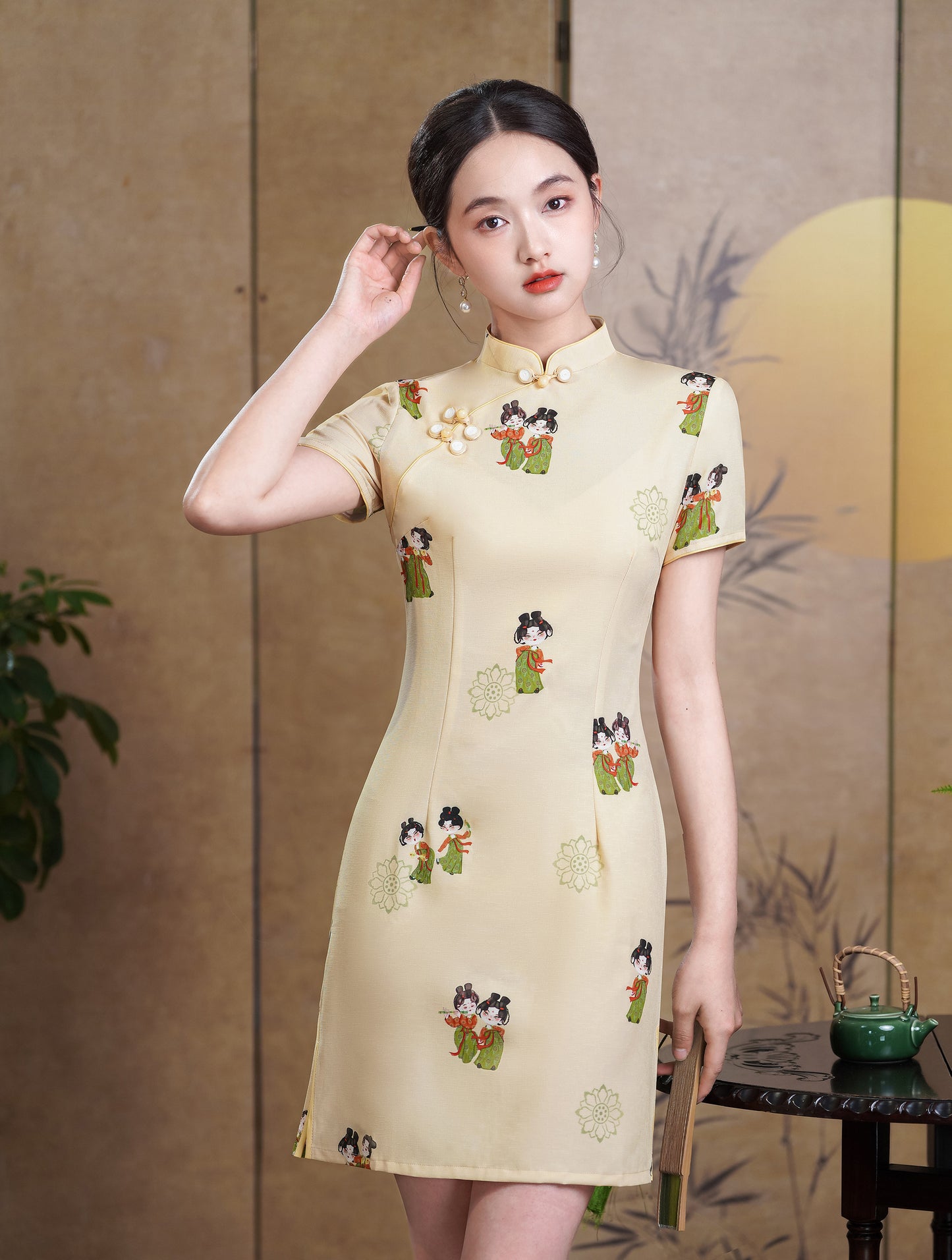 Women's Cheongsam Print Short Sleeve Mini Dress