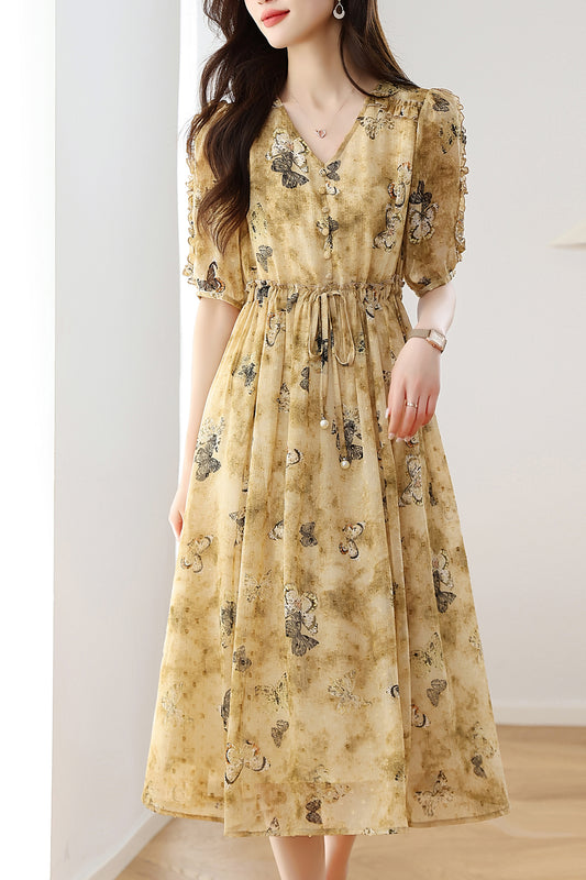 Women's Chffion V-Neck Floral Print Midi Dress