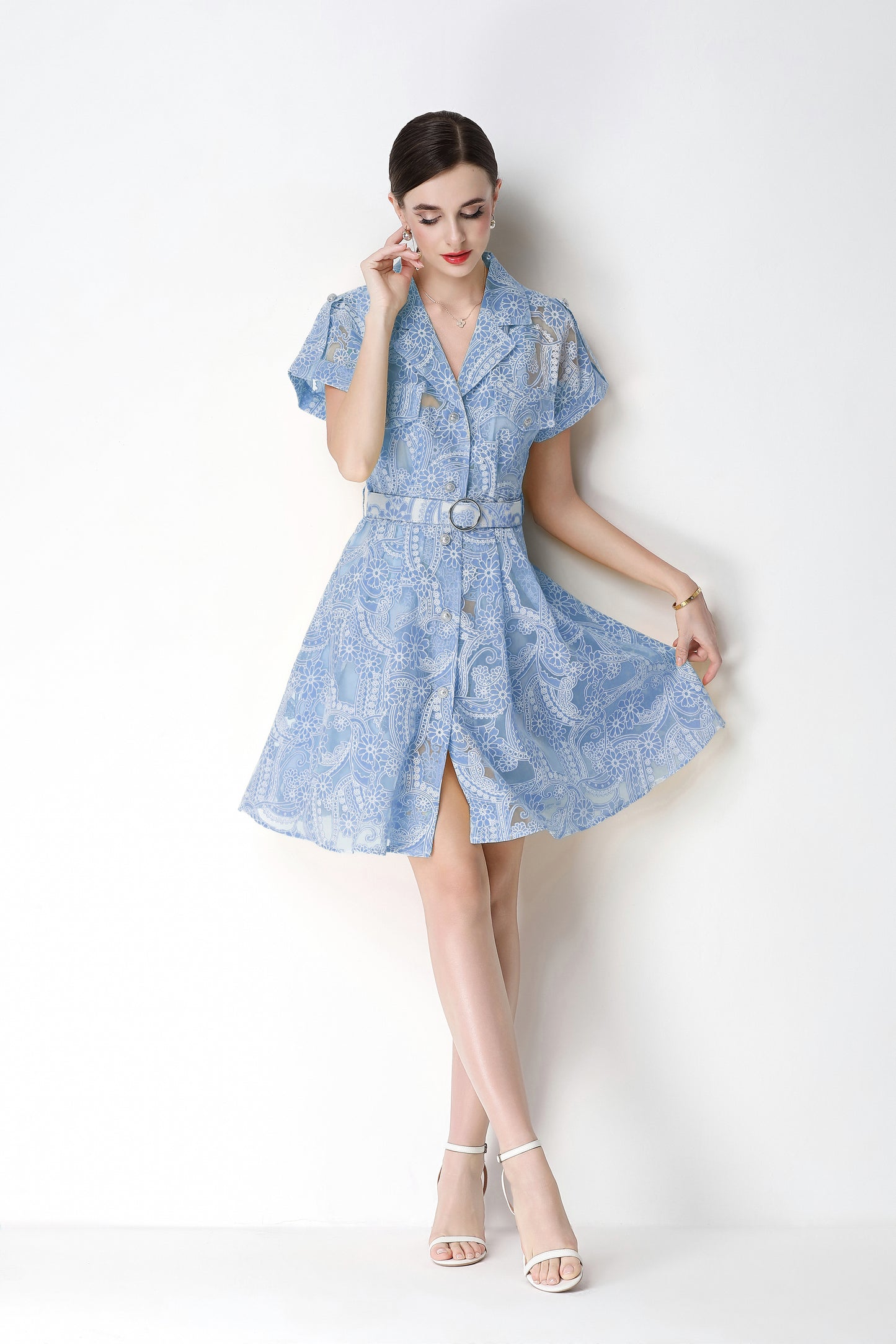 Sky Blue Lace Shirt Mini Dress | Summer Backyard Party Style - LAI MENG FIVE CATS