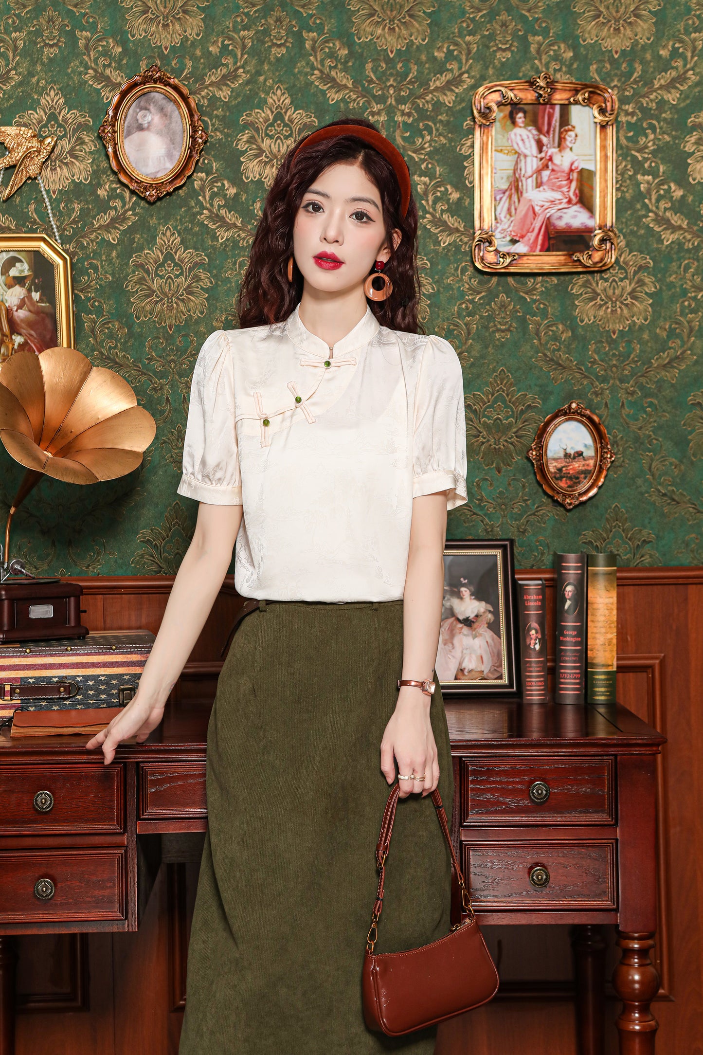 Women's Silk Satin Tops Button Jacquard Blouse