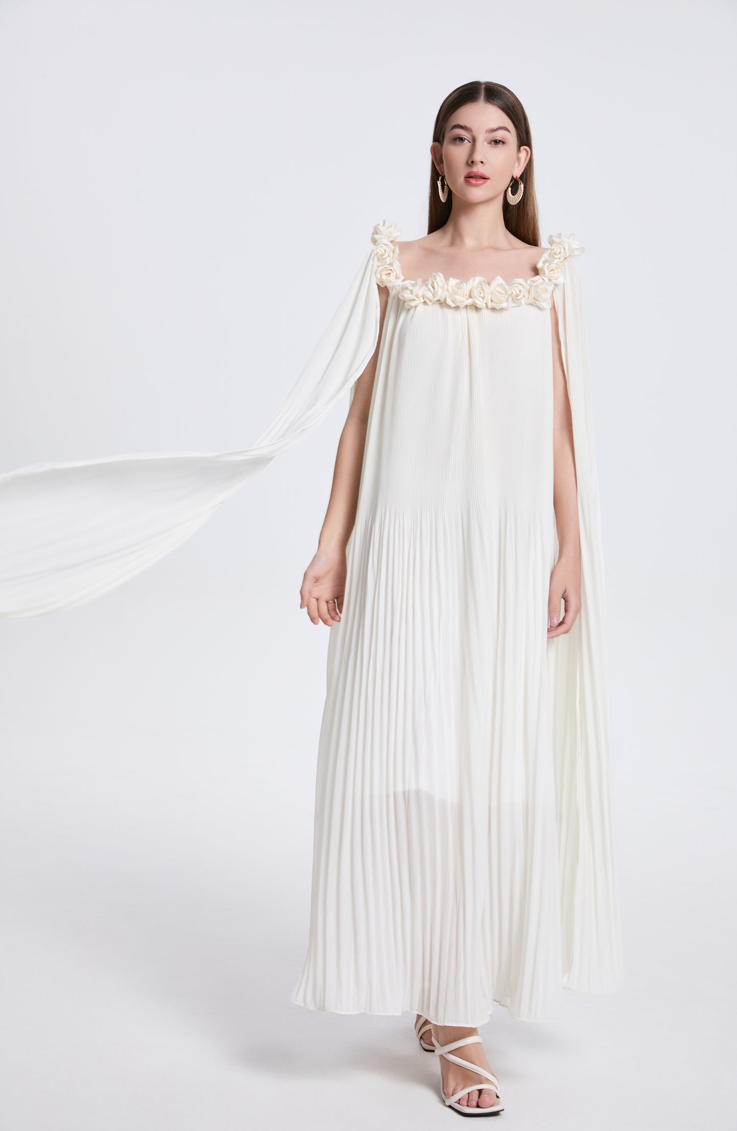 Women's Off Shoulder Chiffon 3D Floral Pleated Maxi Dress