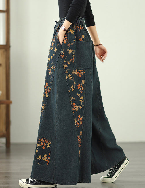 Women's Denim Wide Leg Baggy Jeans Drawstring Pants