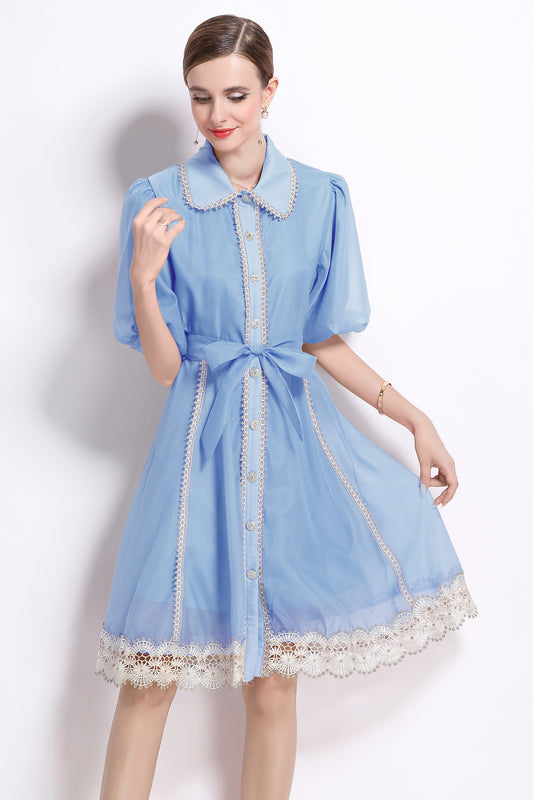 Women's Organza Lantern Sleeve Lace Midi Dress