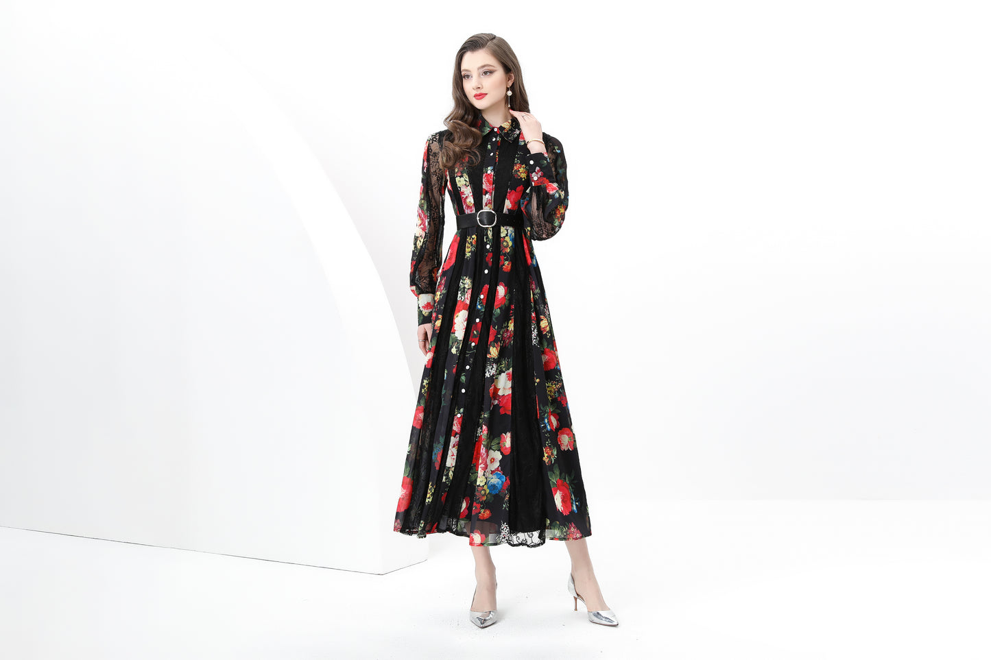 Women's Floral Print Lace Puff Sleeve Maxi Dresses