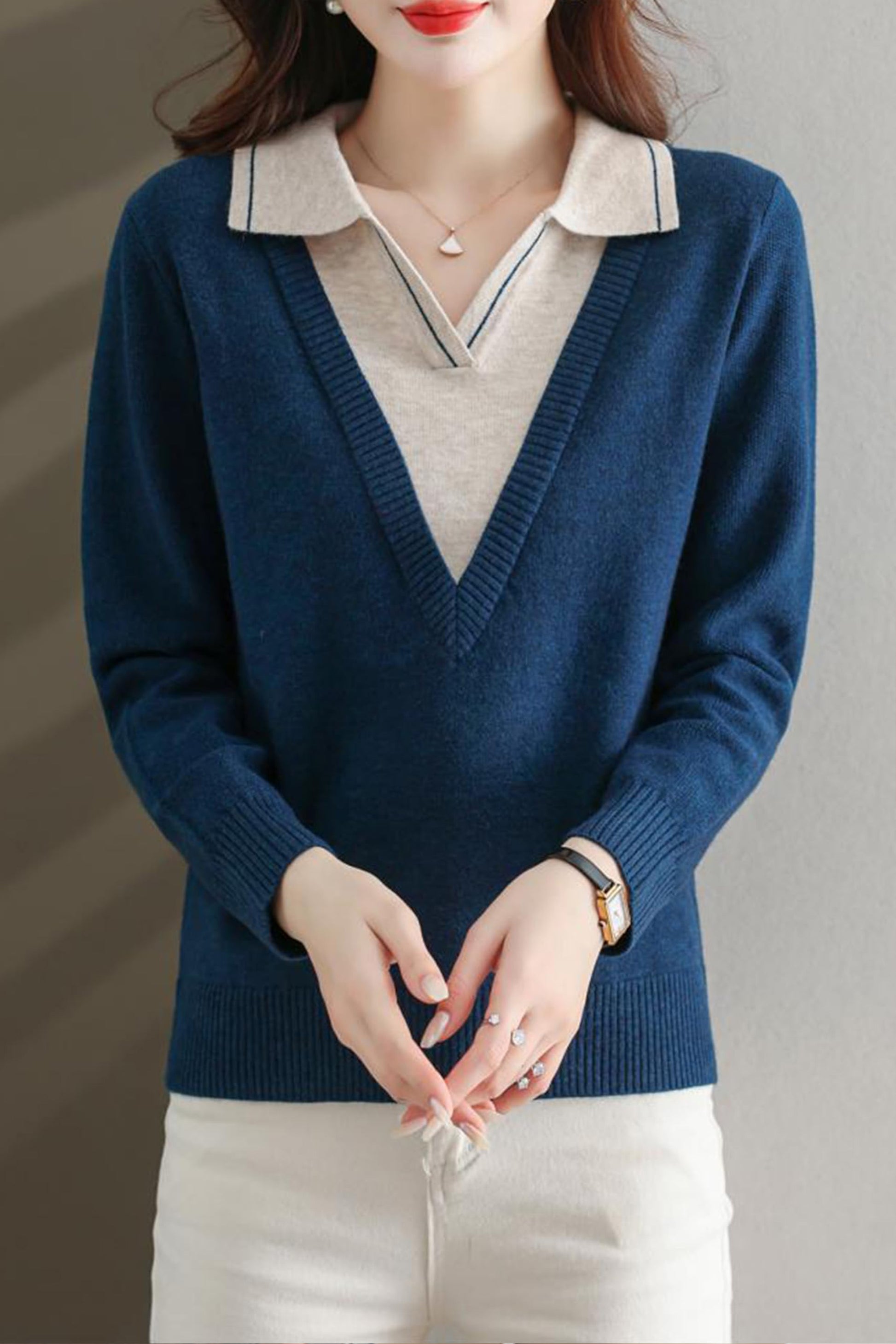 Collar Shirt V-Neck Patchwork Blouse Top - LAI MENG FIVE CATS