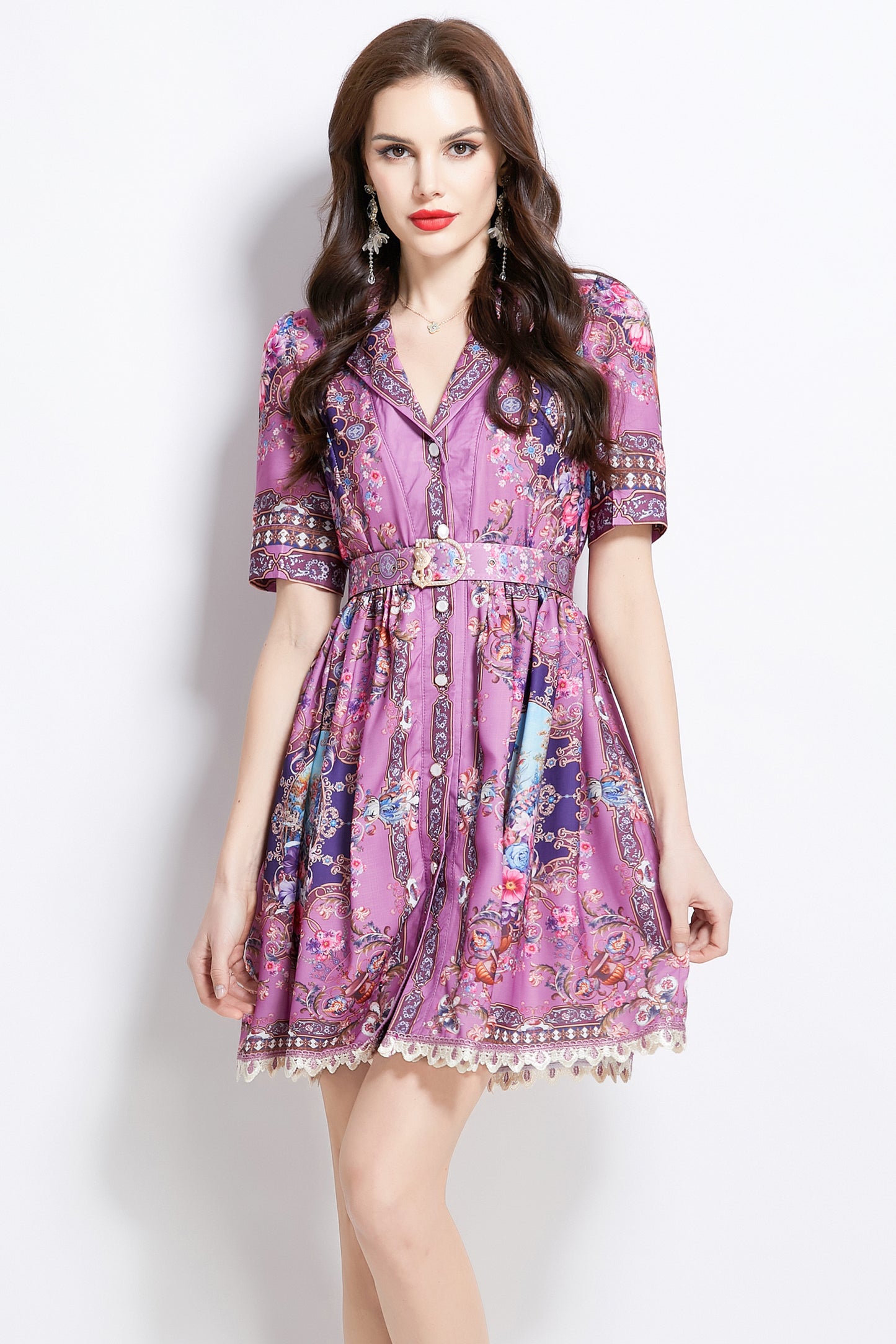 Women's V Neck Floral Print Mini Dress