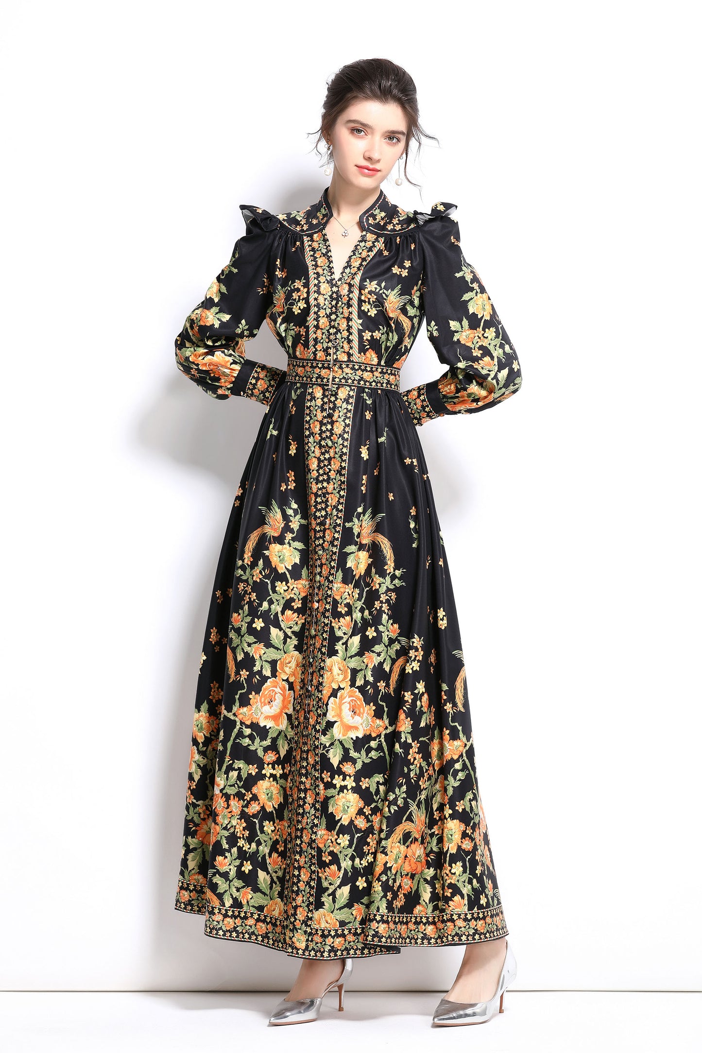 Women's Vintage Floral Print V Neck Button Front Maxi Dress - LAI MENG FIVE CATS