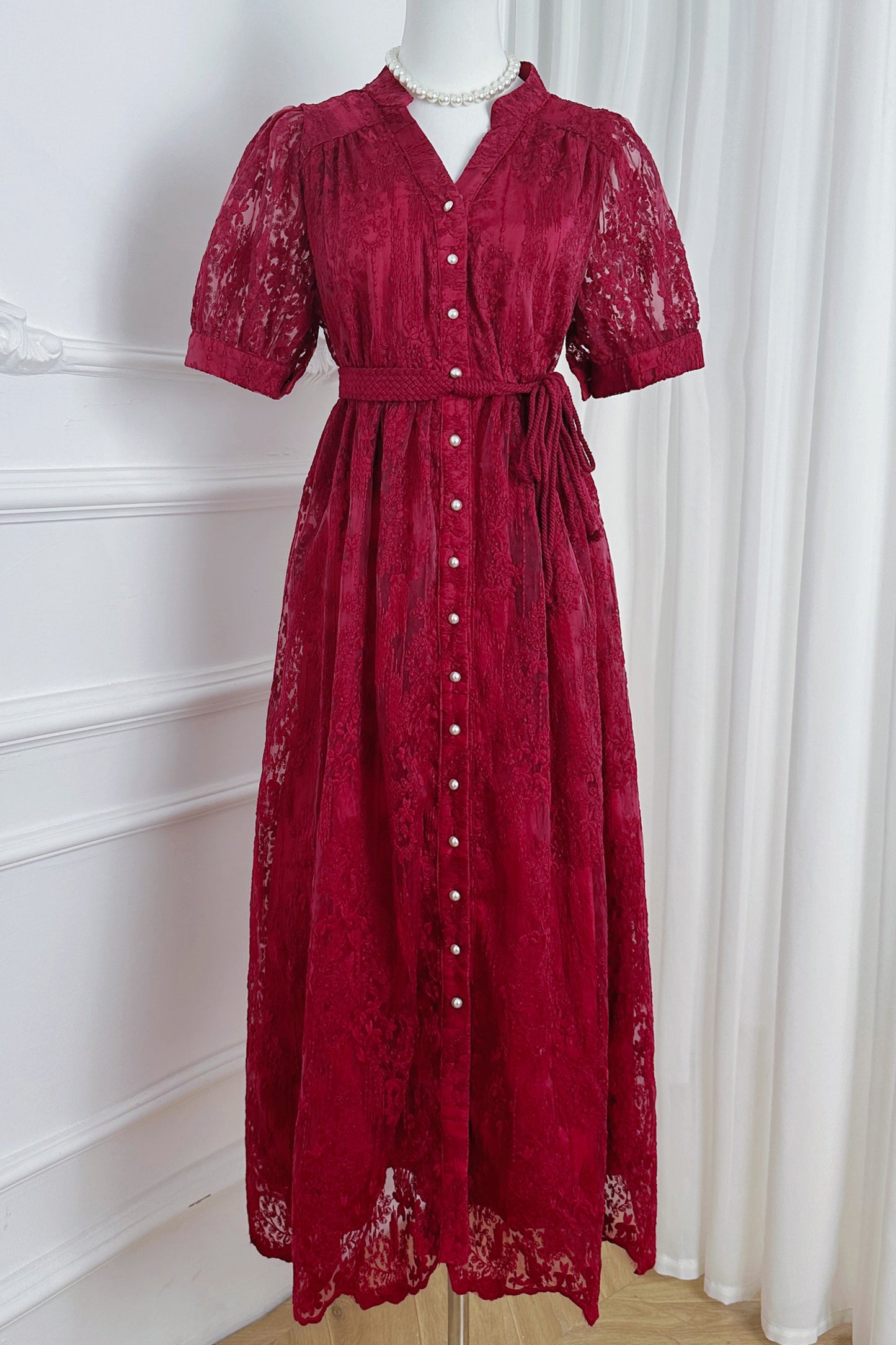 Women'sTulle Embroidery V-Neck Lace Midi Dress