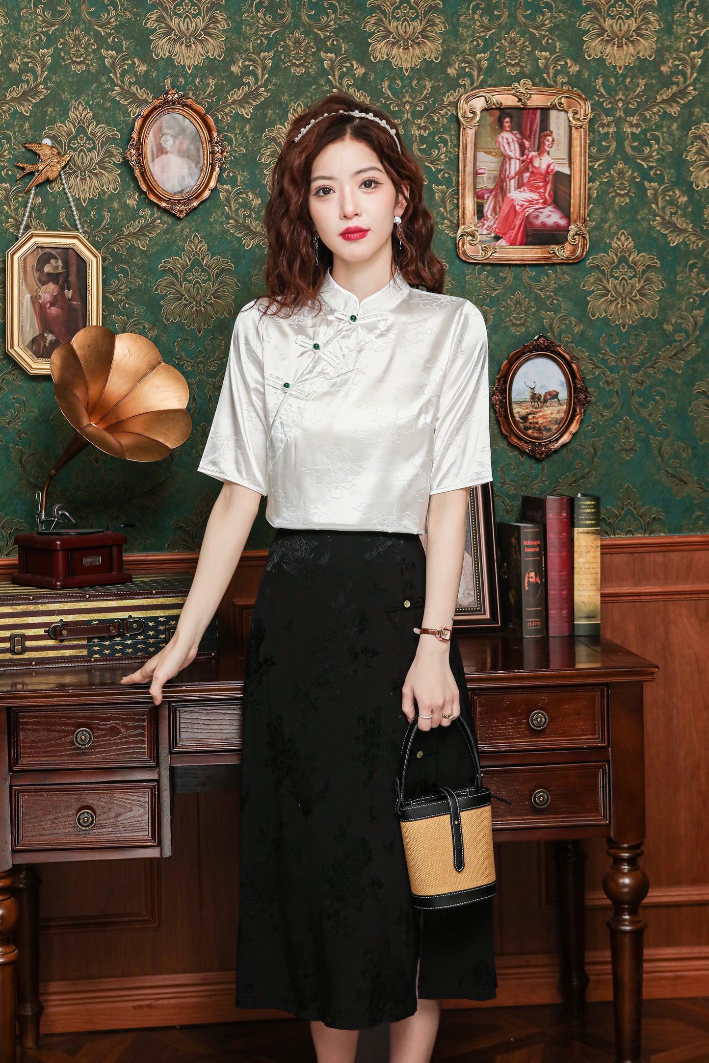 Women's Silk Satin Tops Button Jacquard Blouse