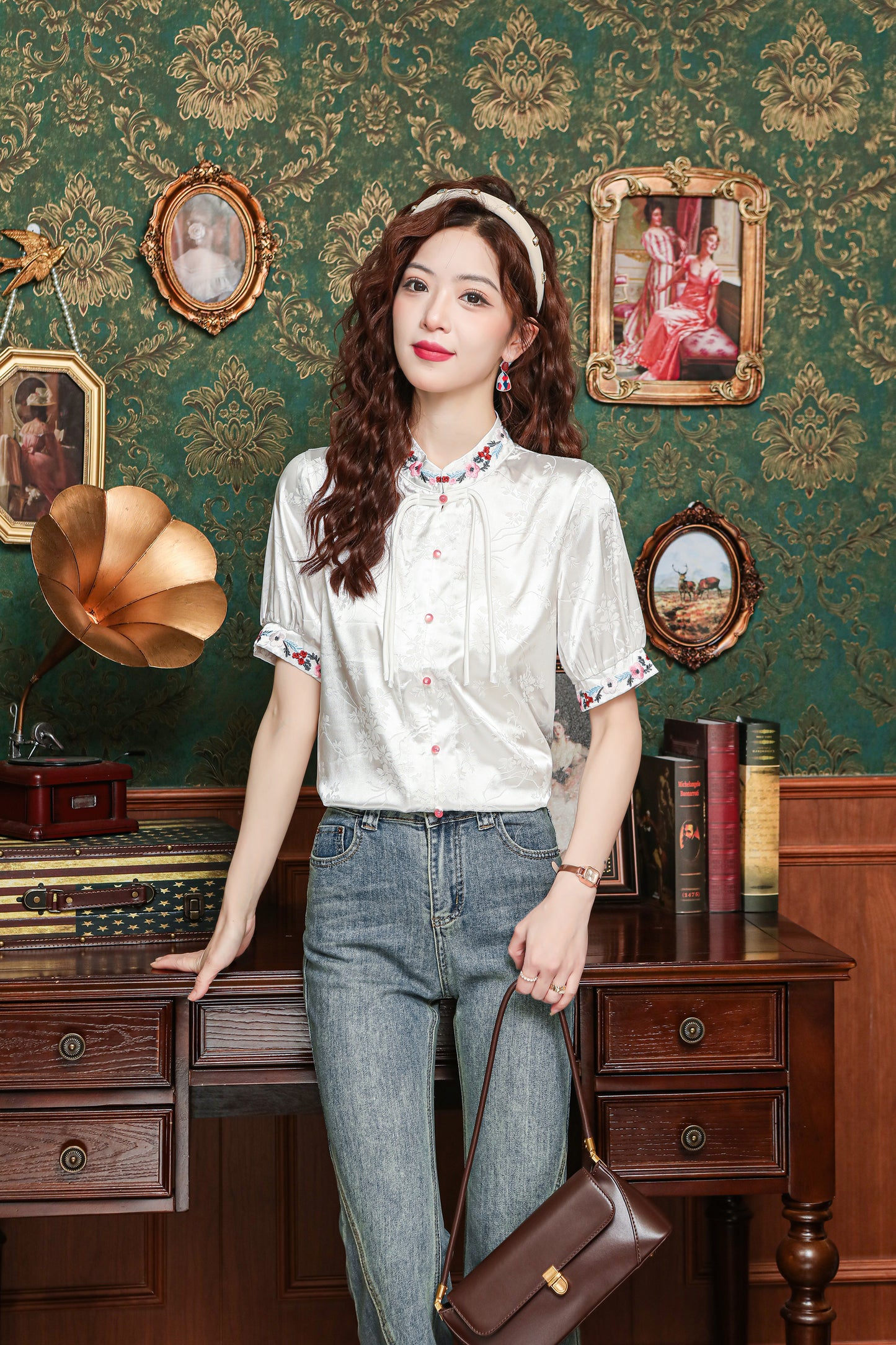 Women's Silk Satin Embroidery Jacquard Blouse Tops