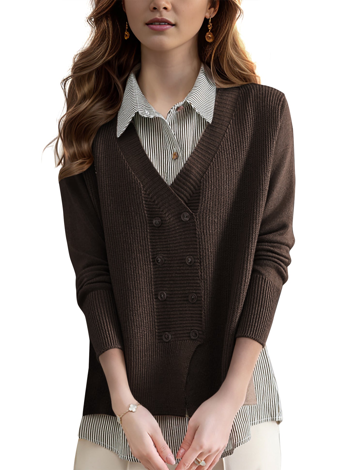 Women's Casual Patchwork Shirt Collar Long Sleeve Cotton Pullover Tops - LAI MENG FIVE CATS